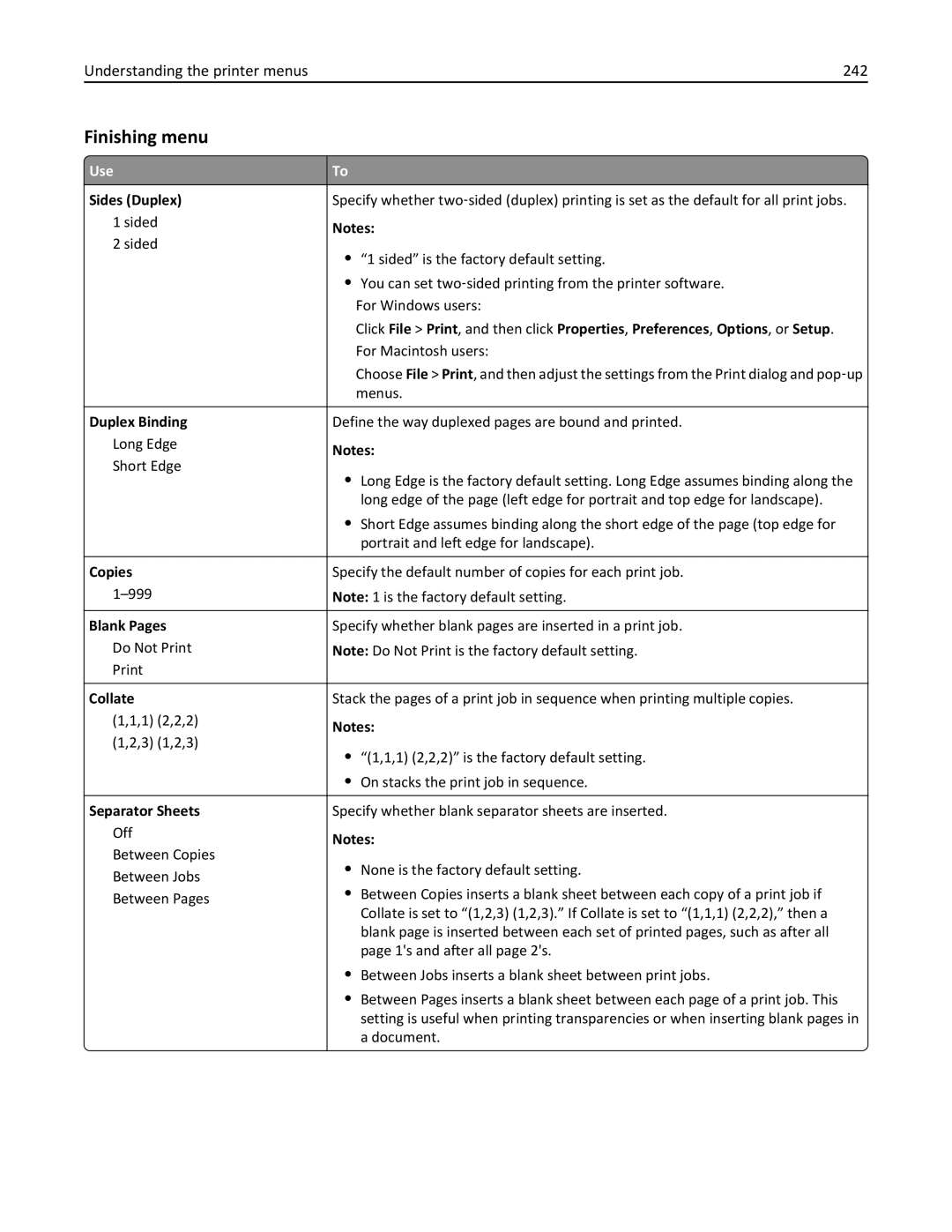 Lexmark MS811DN, 40G0350, 40G0110, 40G0150, 40G0440, 40G0410, 40G0210, MS810 Finishing menu, Understanding the printer menus 242 