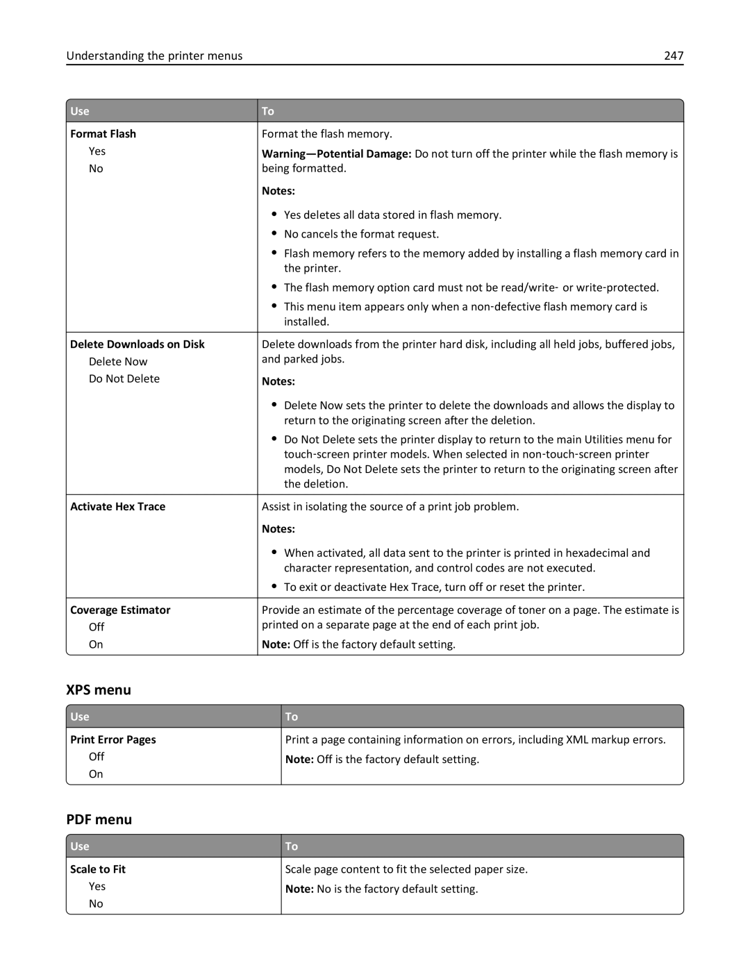 Lexmark 40G0350, 40G0110, 40G0150, 40G0440, 40G0410, 40G0210, MS810DE, MS811DTN XPS menu, Understanding the printer menus 247 