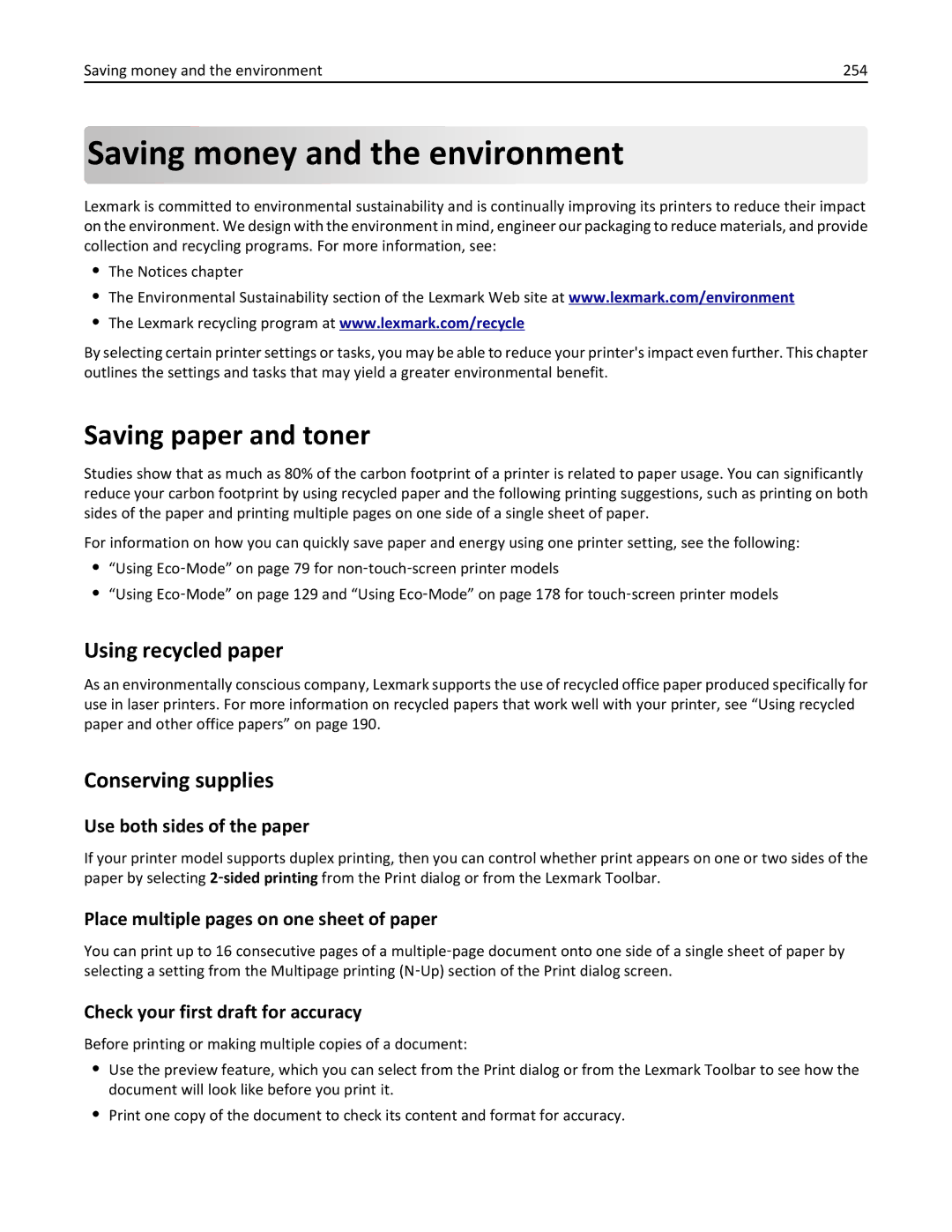 Lexmark MS811DTN, 40G0350, 40G0110, 40G0150, 40G0440, MS810 Saving paper and toner, Using recycled paper, Conserving supplies 