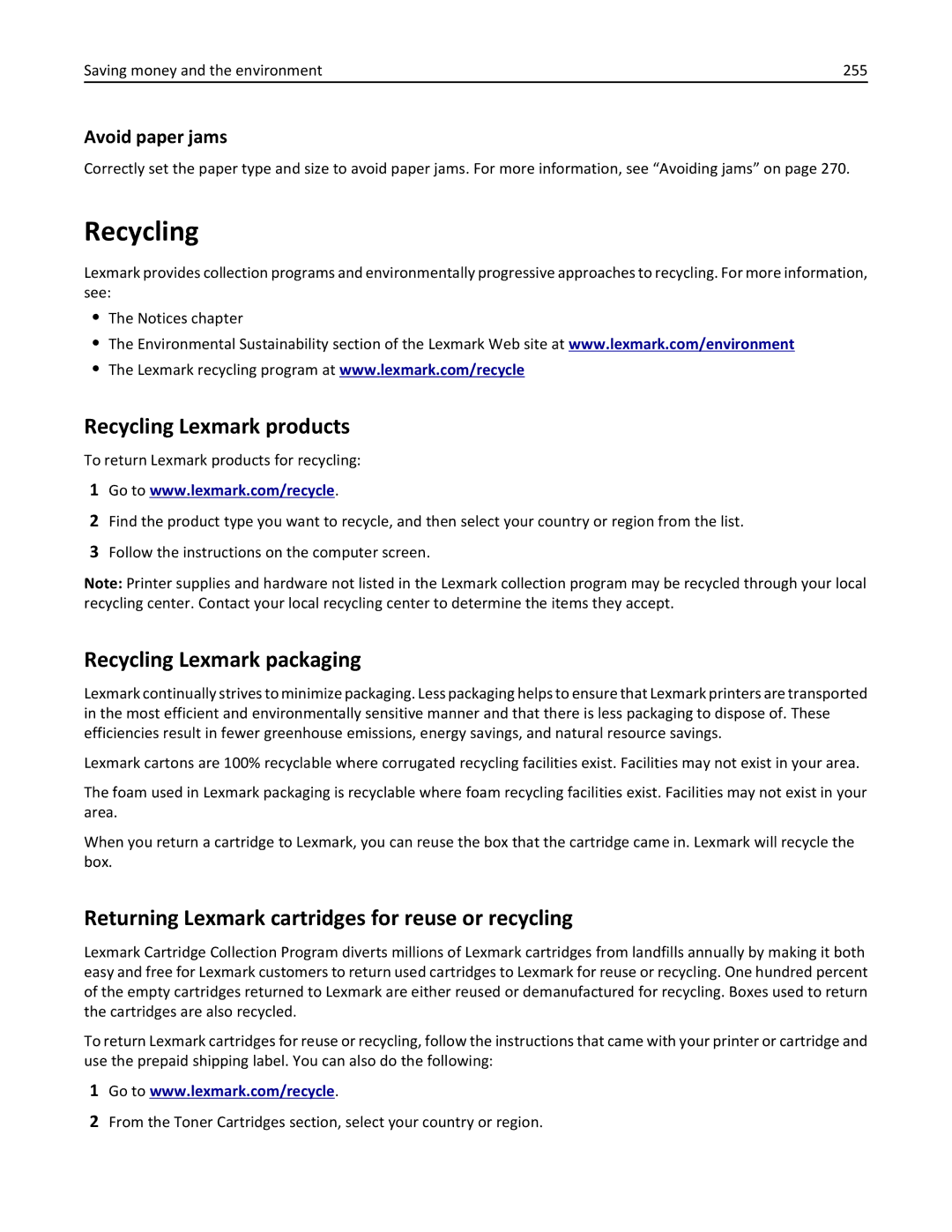 Lexmark MS811DN, 40G0350, 40G0110, 40G0150 Recycling Lexmark products, Recycling Lexmark packaging, Avoid paper jams 