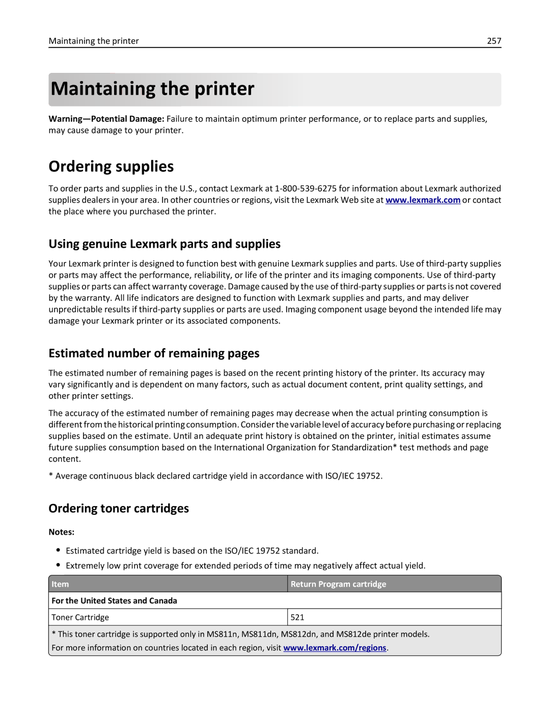 Lexmark MS810, 40G0350 Ordering supplies, Using genuine Lexmark parts and supplies, Estimated number of remaining pages 