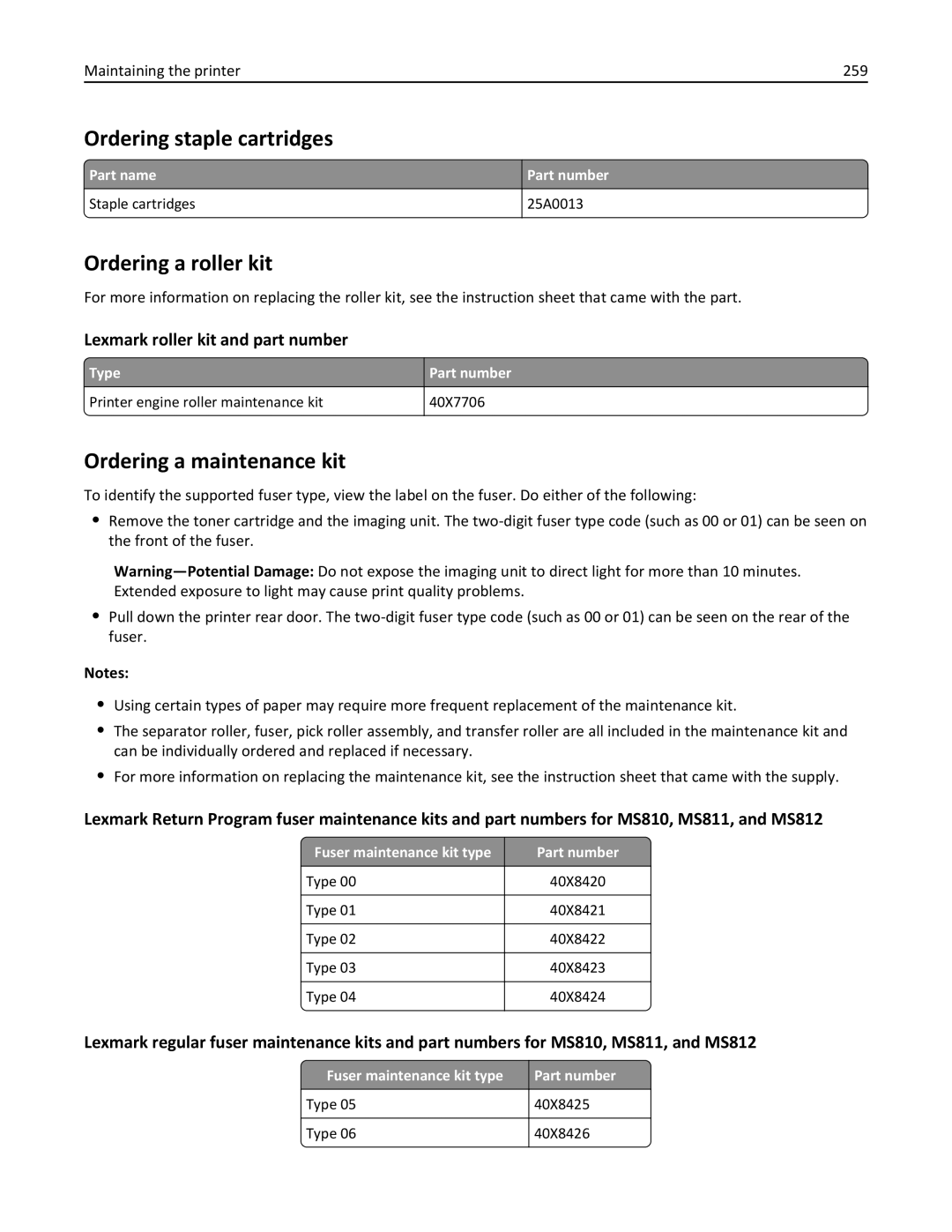 Lexmark MS810DTN, 40G0350, 40G0110, 40G0150 Ordering staple cartridges, Ordering a roller kit, Ordering a maintenance kit 