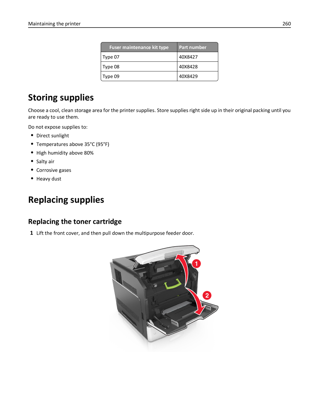 Lexmark 40G0350, 40G0110 Storing supplies, Replacing supplies, Replacing the toner cartridge, Maintaining the printer 260 