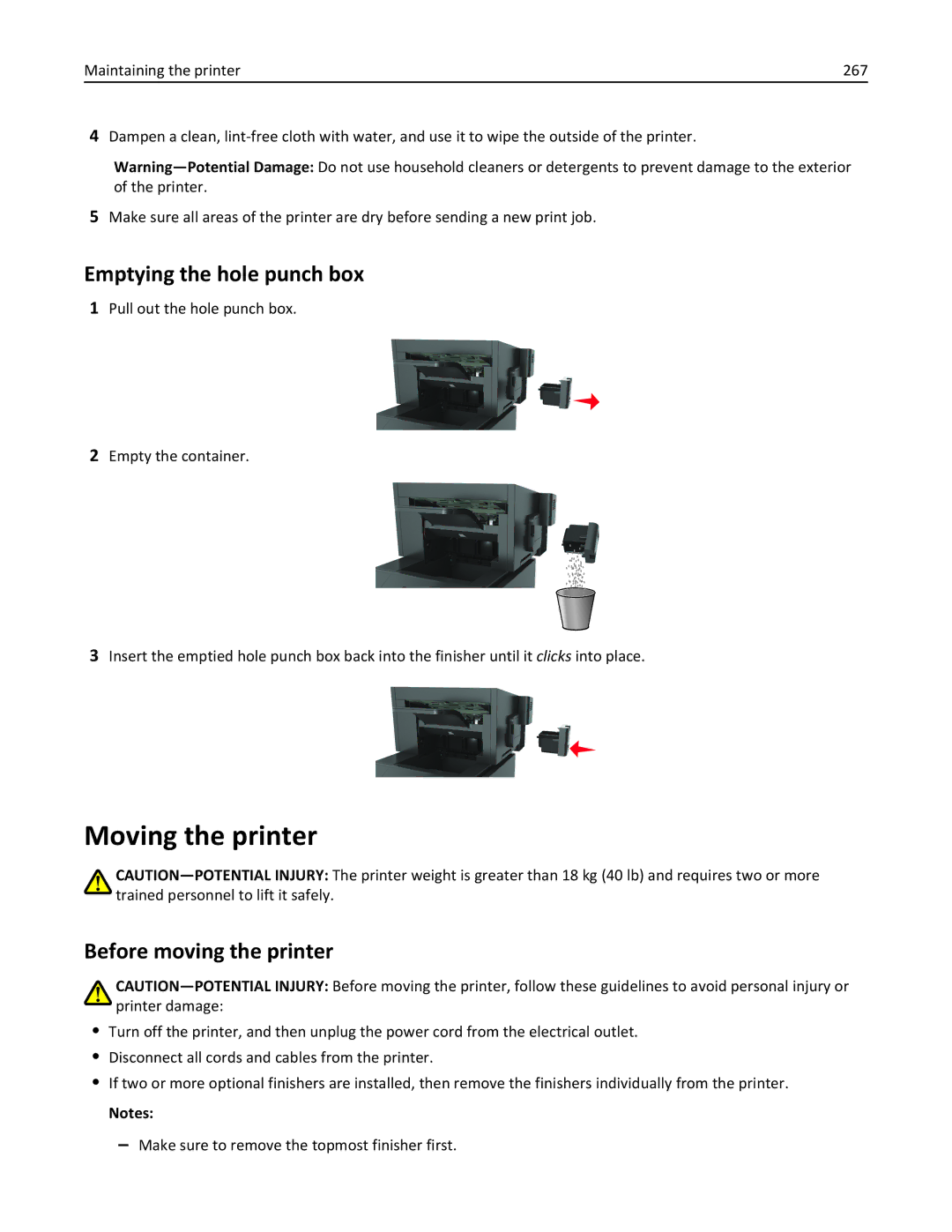 Lexmark MS811DTN, 40G0350, 40G0110, 40G0150, MS810 Moving the printer, Emptying the hole punch box, Before moving the printer 