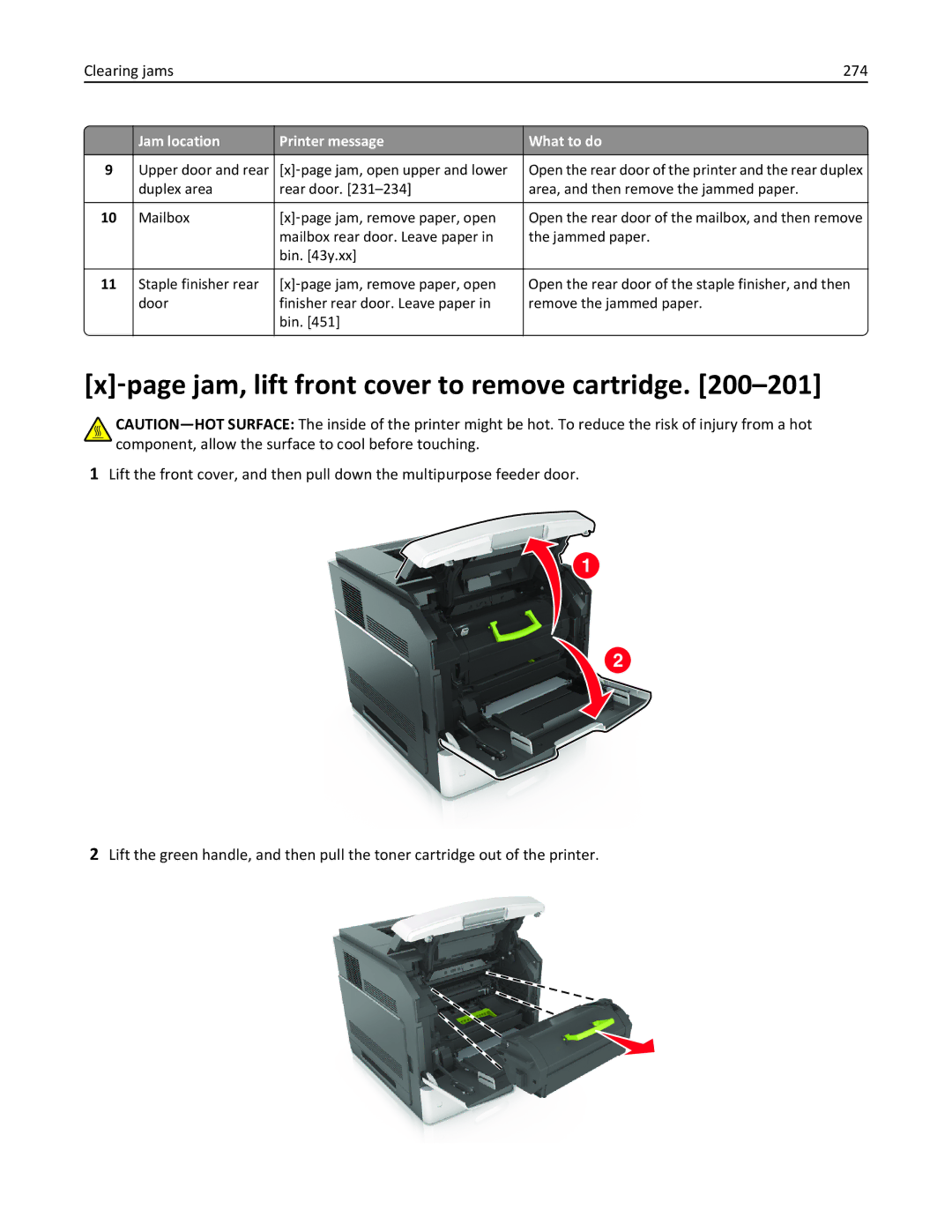 Lexmark 40G0110, 40G0350, 40G0150, 40G0440, 40G0410, MS810 ‑page jam, lift front cover to remove cartridge, Clearing jams 274 