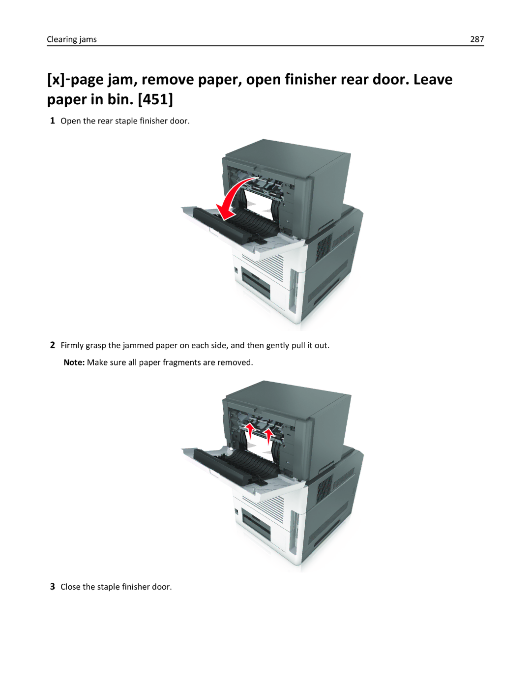 Lexmark 40G0110, 40G0350, 40G0150, 40G0440, 40G0410, 40G0210, MS810DE, MS811DTN, MS811DN, MS810DN, MS812DE manual Clearing jams 287 