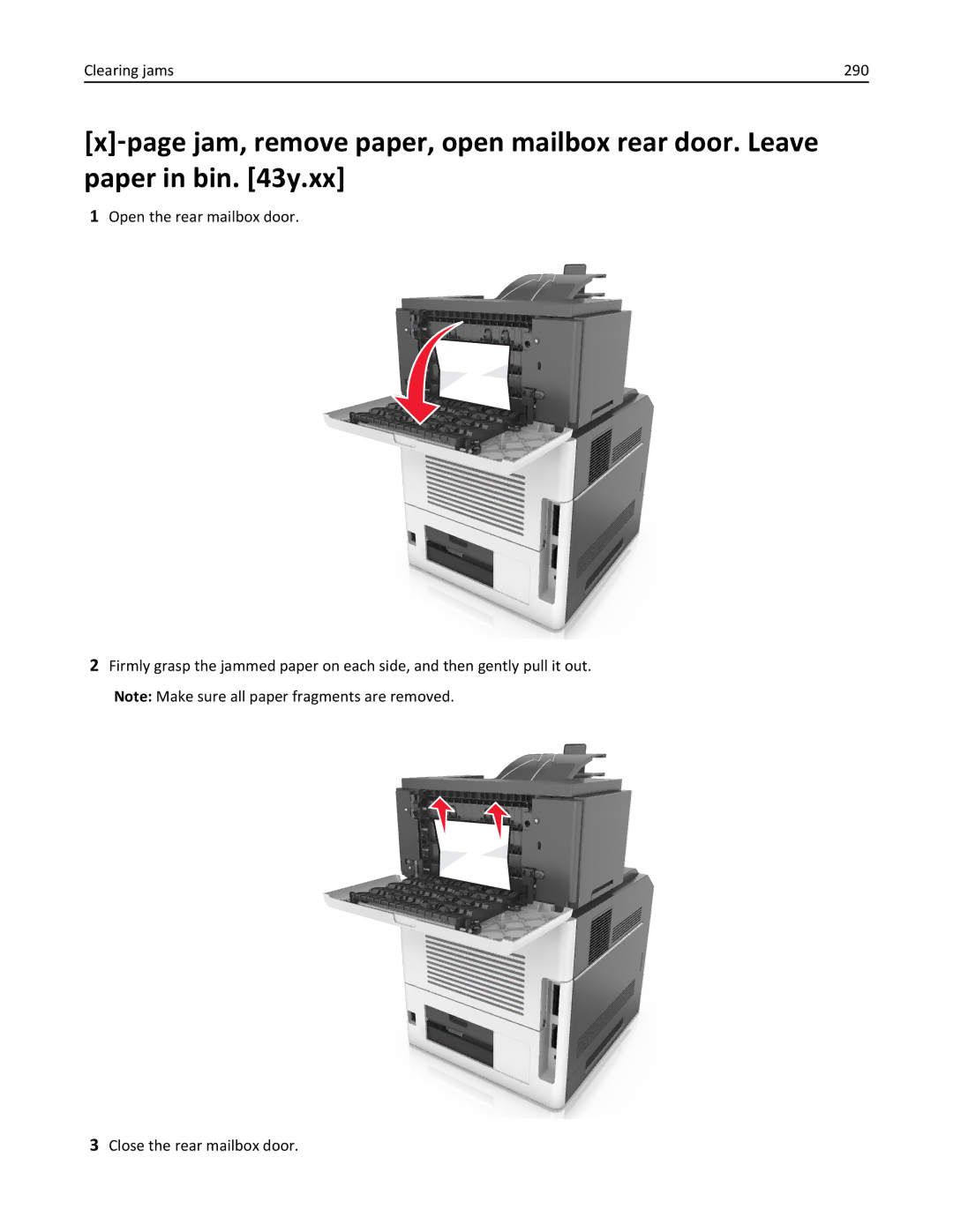 Lexmark 40G0410, 40G0350, 40G0110, 40G0150, 40G0440, 40G0210, MS810DE, MS811DTN, MS811DN, MS810DN, MS812DE manual Clearing jams 290 