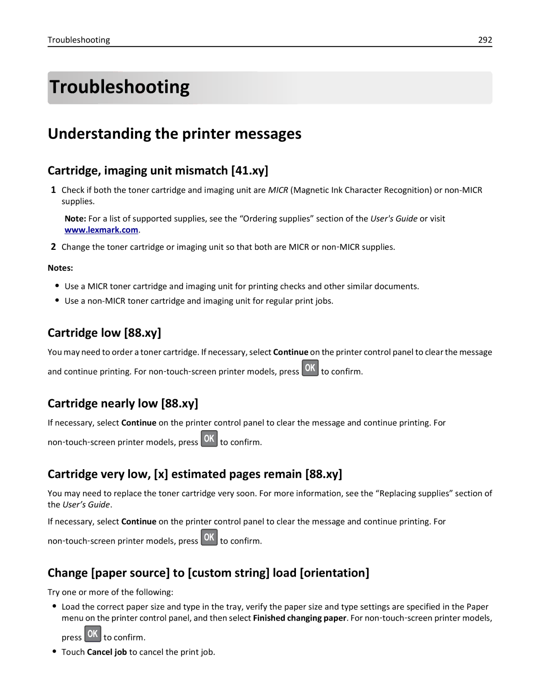 Lexmark MS810DE, 40G0350, 40G0110, 40G0150, 40G0440, 40G0410, 40G0210, MS811DTN, MS811DN manual Understanding the printer messages 