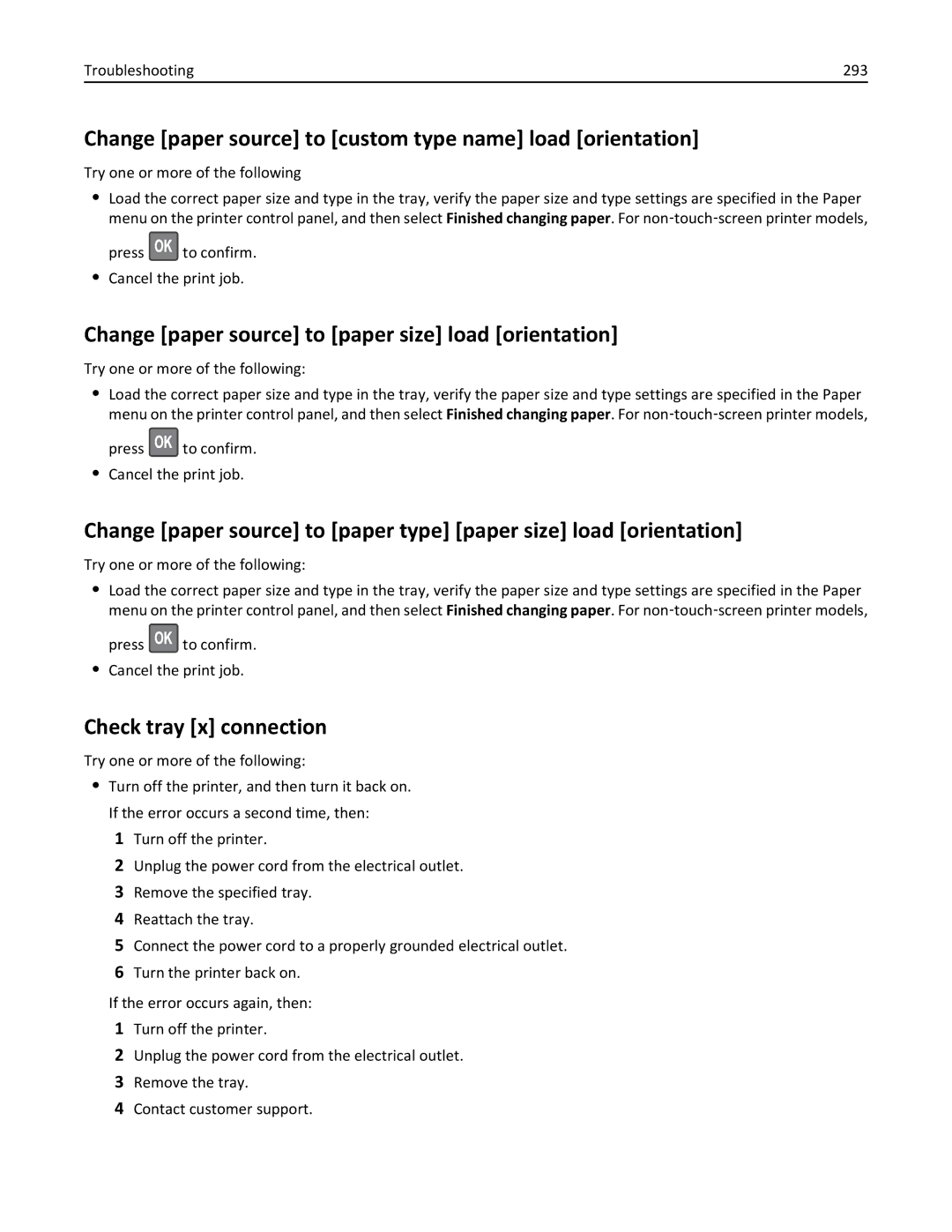 Lexmark MS811DTN Change paper source to custom type name load orientation, Check tray x connection, Troubleshooting 293 