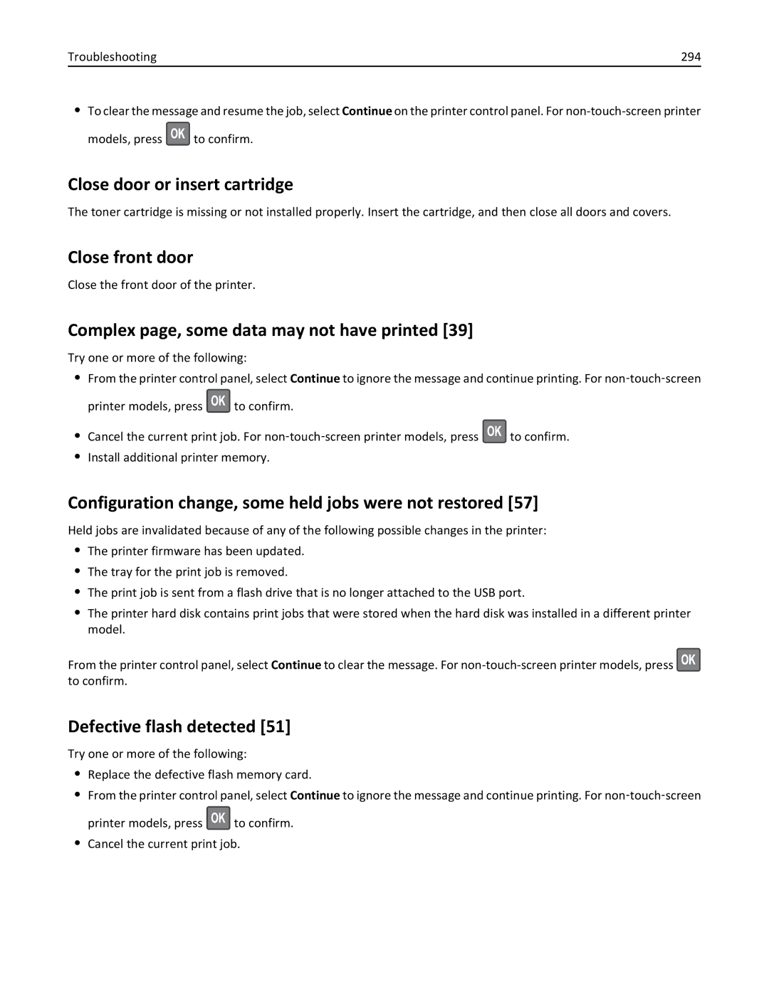 Lexmark MS811DN, 40G0350 Close door or insert cartridge, Close front door, Complex page, some data may not have printed 