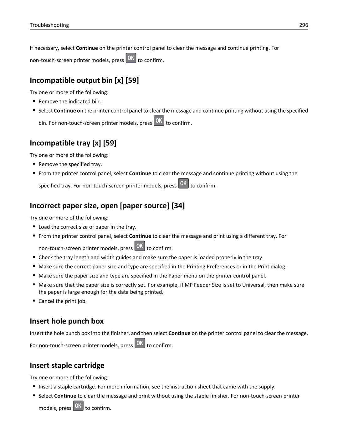 Lexmark MS810, 40G0350, 40G0110 Incompatible output bin x, Incompatible tray x, Incorrect paper size, open paper source 