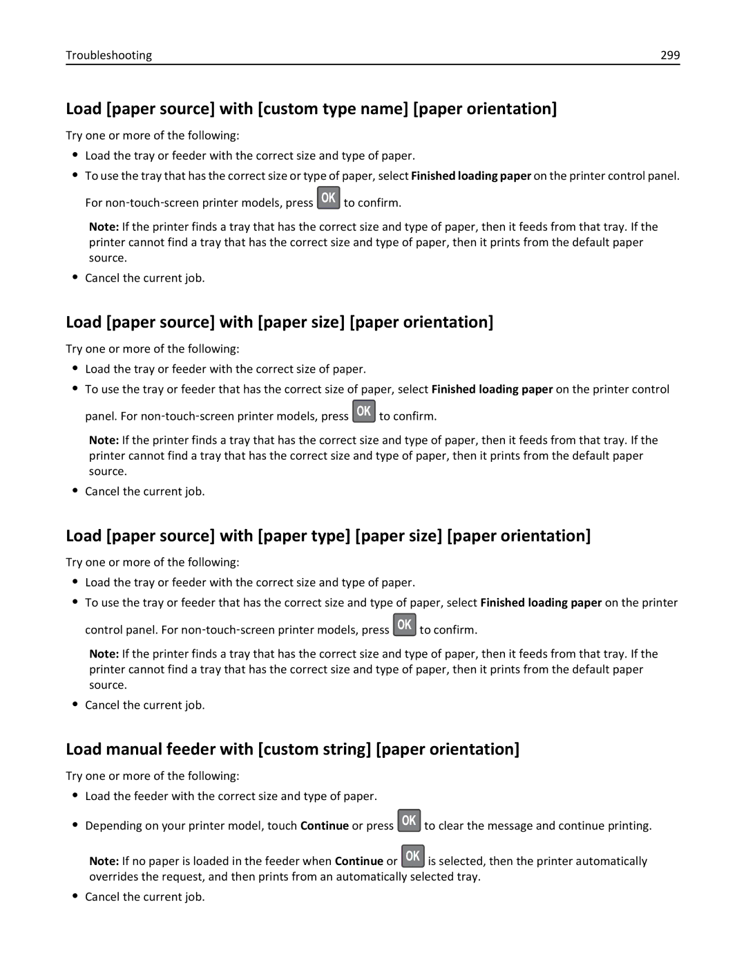 Lexmark 40G0350, 40G0110, 40G0150, 40G0440 Load paper source with custom type name paper orientation, Troubleshooting 299 