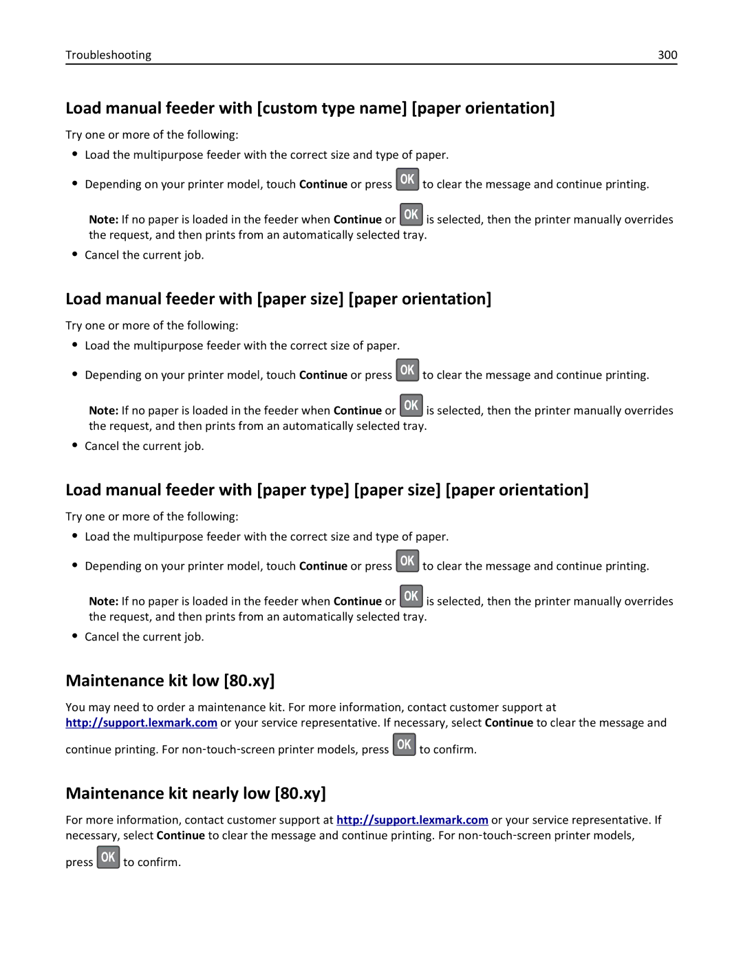 Lexmark 40G0110 Load manual feeder with custom type name paper orientation, Maintenance kit low 80.xy, Troubleshooting 300 