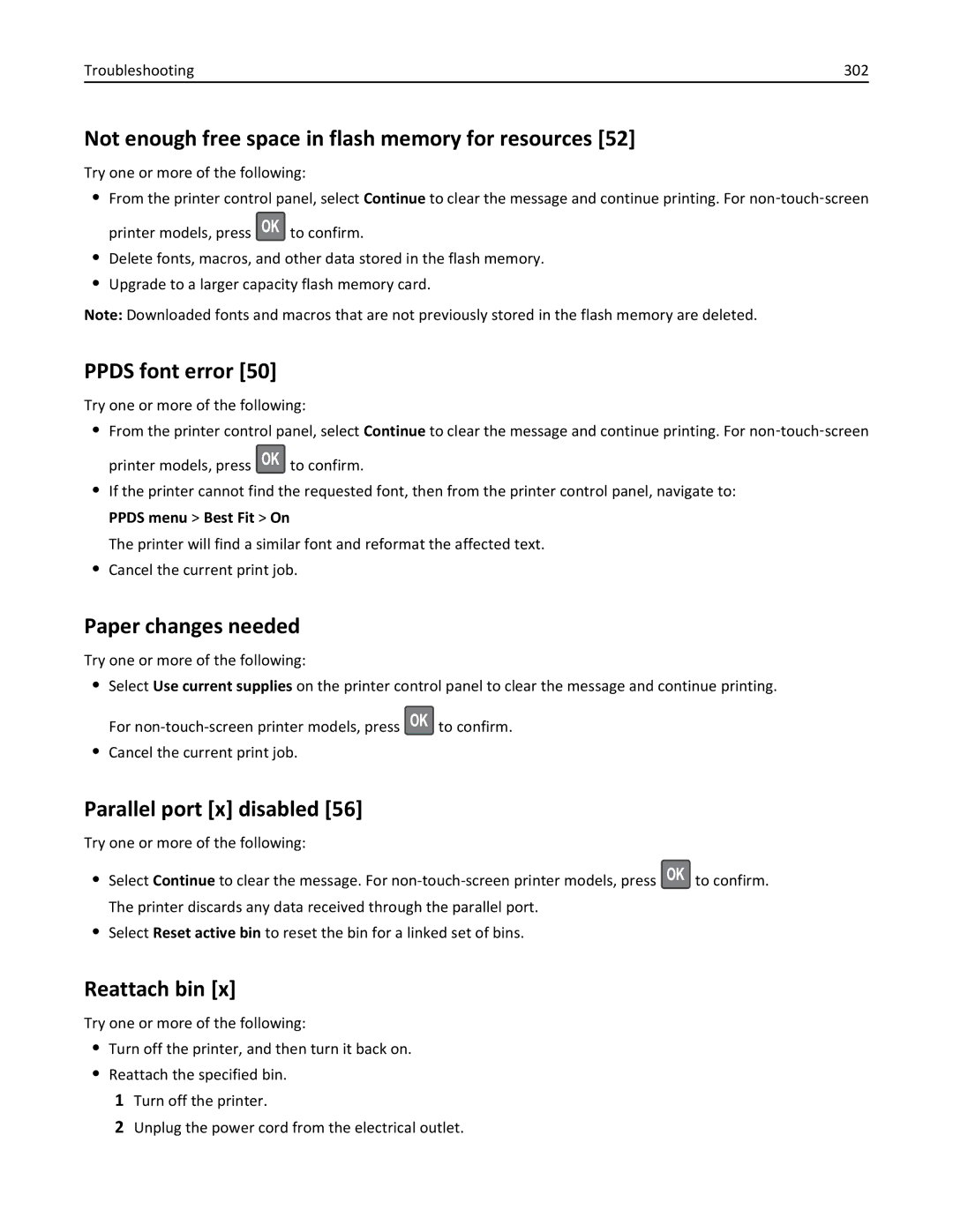 Lexmark 40G0440 Not enough free space in flash memory for resources, Ppds font error, Paper changes needed, Reattach bin 