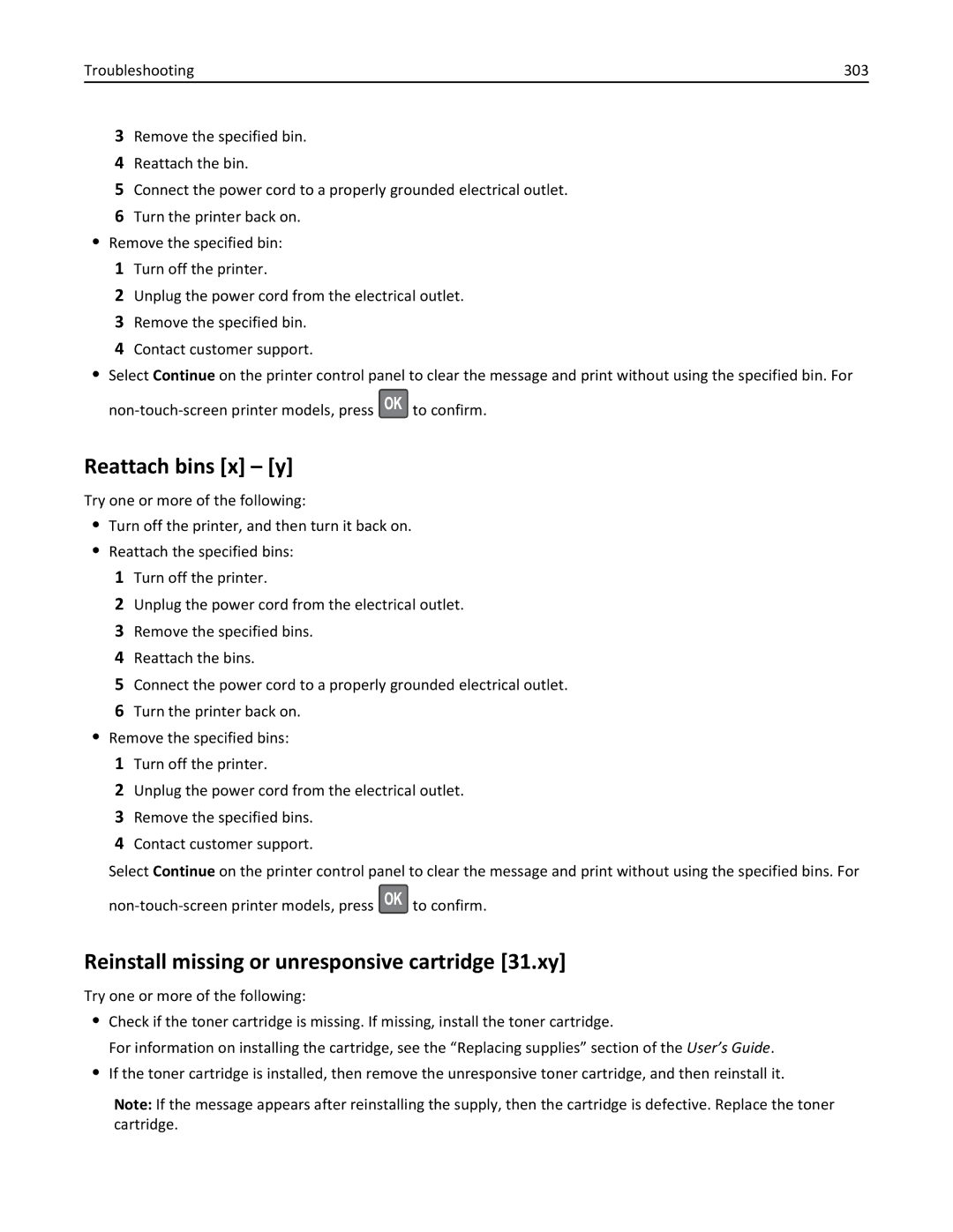 Lexmark 40G0410, 40G0350, 40G0110, 40G0150, 40G0440 manual Reattach bins x y, Reinstall missing or unresponsive cartridge 31.xy 