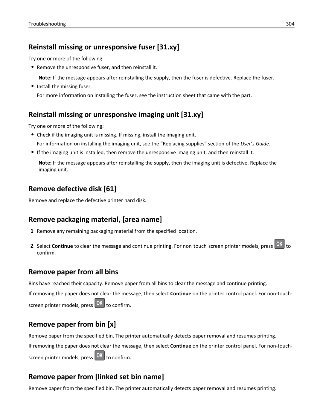 Lexmark 40G0210, MS810 Reinstall missing or unresponsive fuser 31.xy, Reinstall missing or unresponsive imaging unit 31.xy 