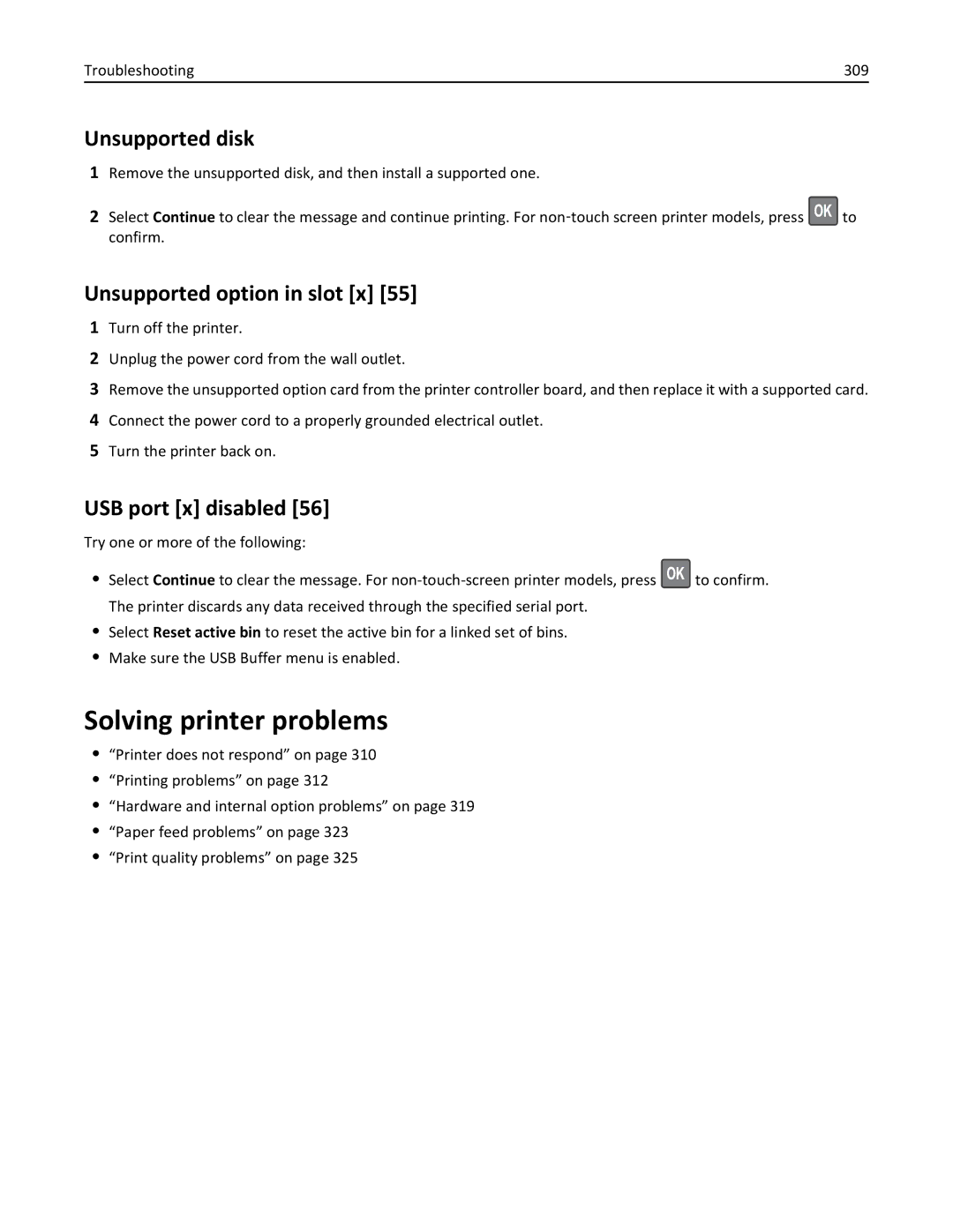 Lexmark MS810, 40G0350 manual Solving printer problems, Unsupported disk, Unsupported option in slot x, USB port x disabled 