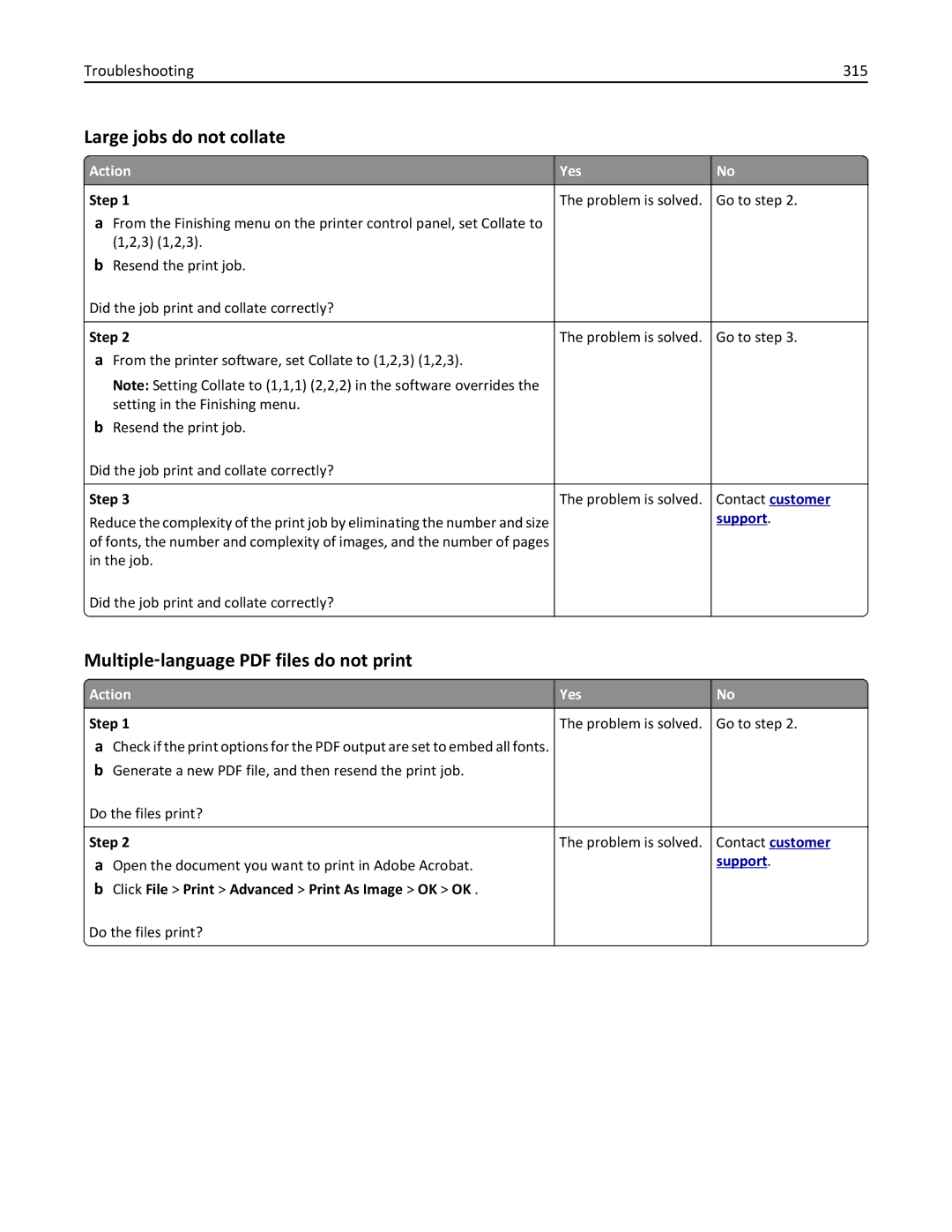 Lexmark 40G0440, 40G0350 Large jobs do not collate, Troubleshooting 315, Click File Print Advanced Print As Image OK OK 