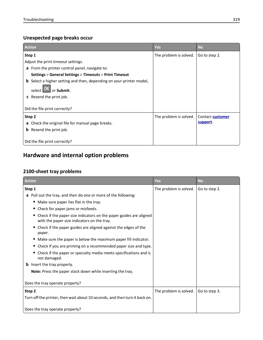 Lexmark MS811DTN, 40G0350, 40G0110 Hardware and internal option problems, Unexpected page breaks occur, Sheet tray problems 