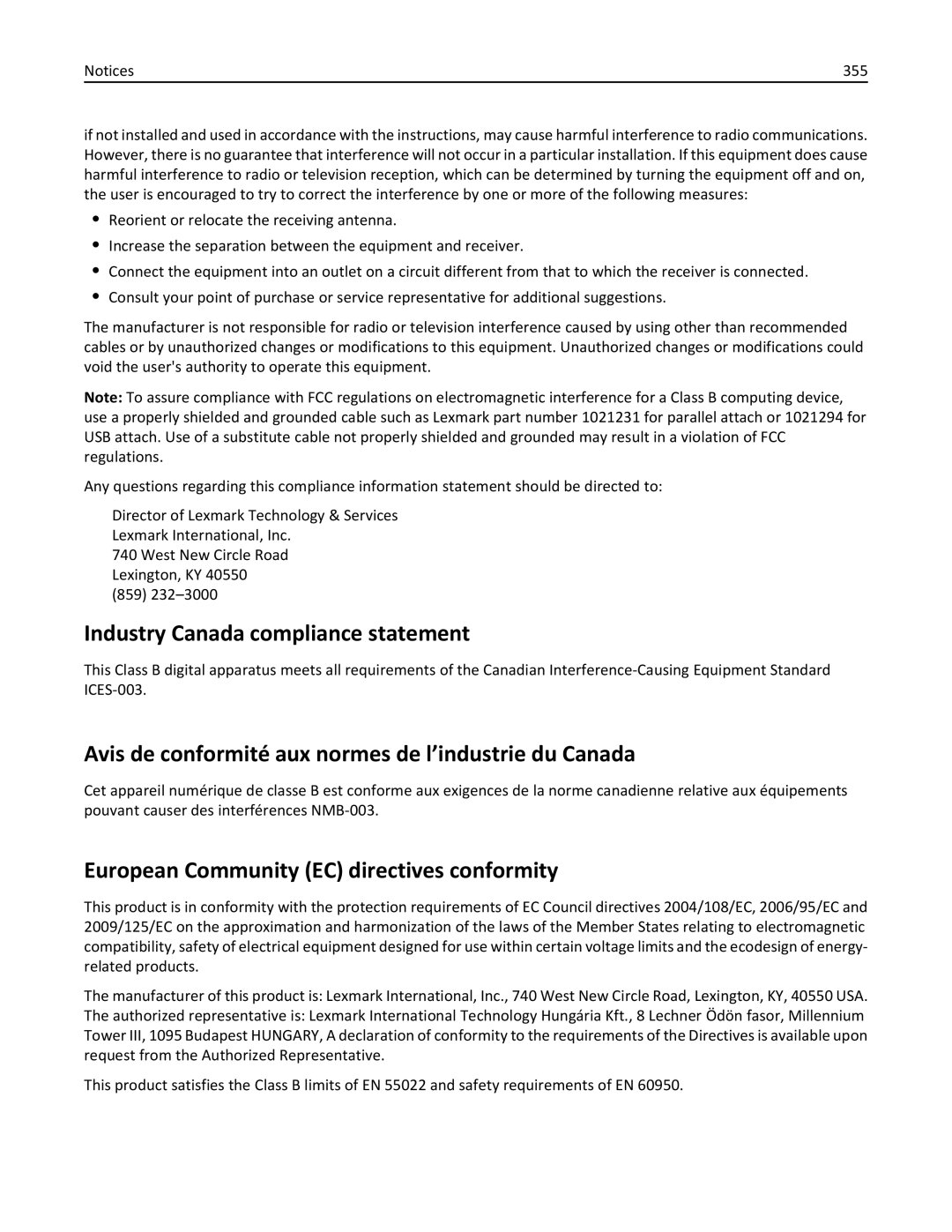 Lexmark 40G0410, 40G0350 Industry Canada compliance statement, Avis de conformité aux normes de l’industrie du Canada, 355 