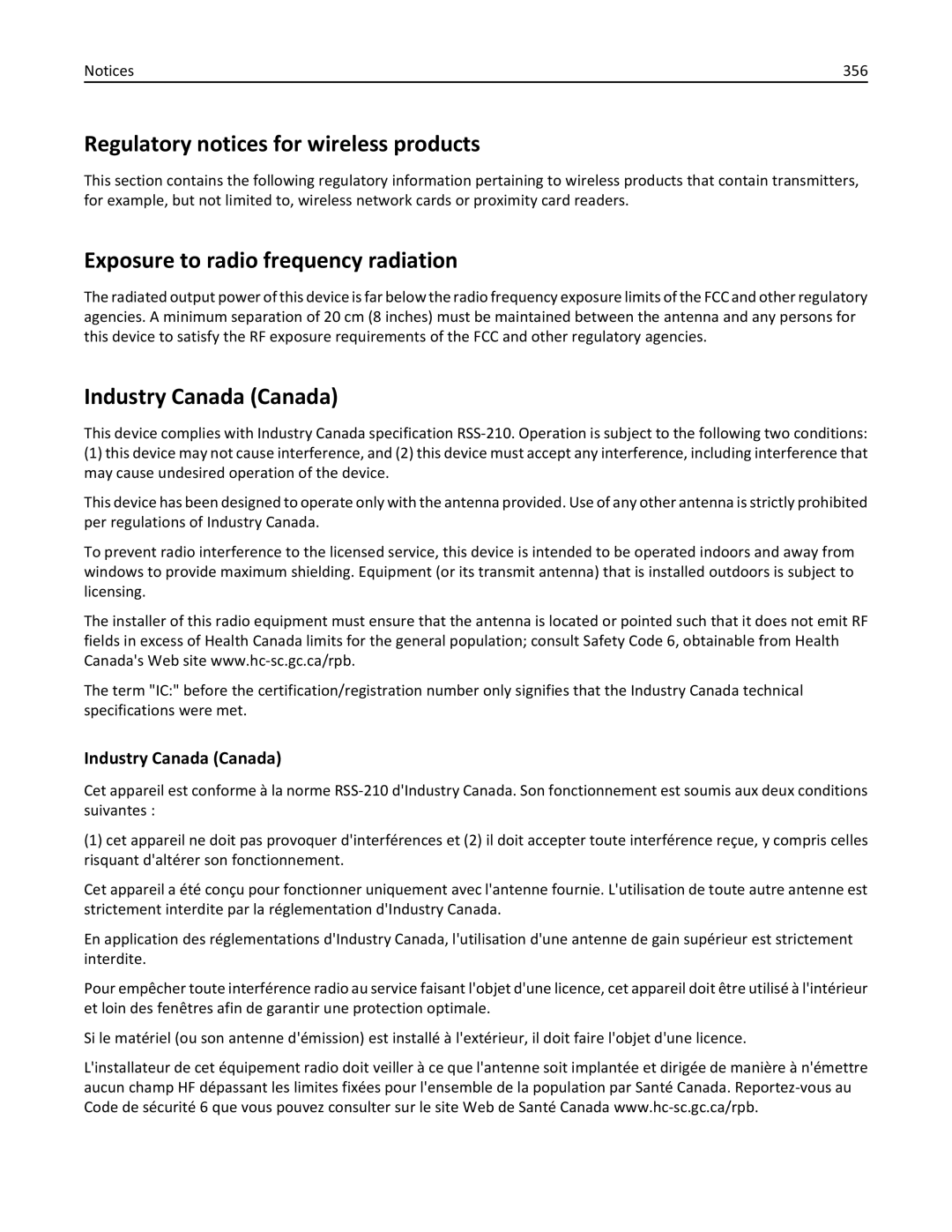 Lexmark 40G0210 Regulatory notices for wireless products, Exposure to radio frequency radiation, Industry Canada Canada 