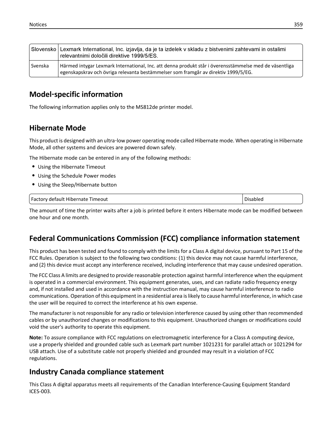 Lexmark MS811DN, 40G0350, 40G0110, 40G0150, 40G0440, 40G0410, 40G0210, MS810DE Model‑specific information, Hibernate Mode, 359 