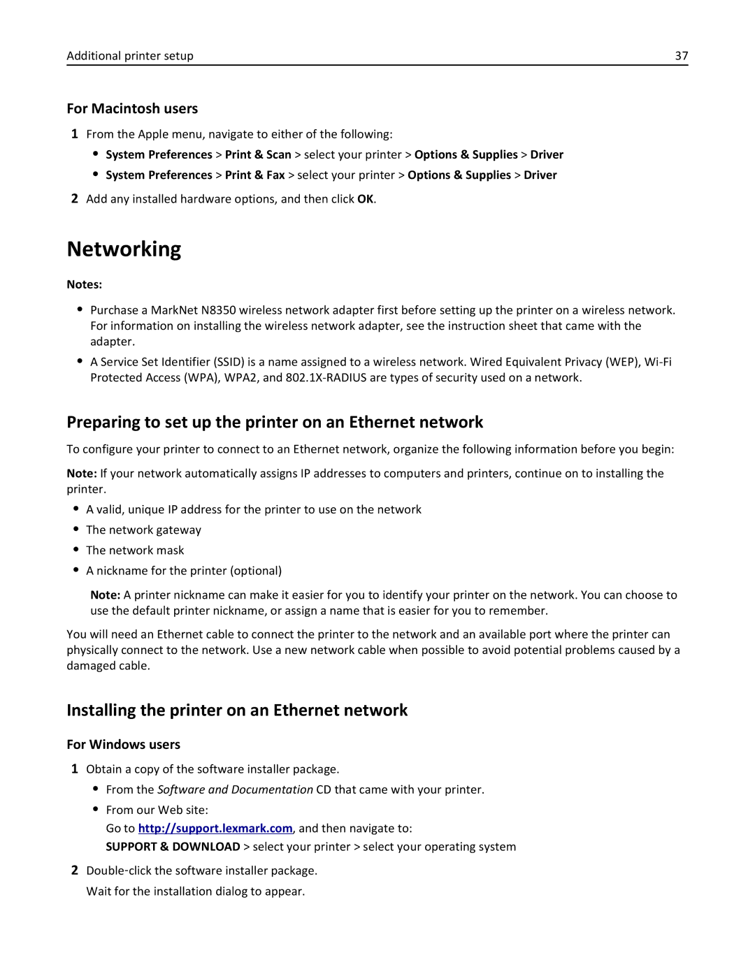 Lexmark MS812DE, 40G0350, 40G0110 Networking, Preparing to set up the printer on an Ethernet network, For Macintosh users 