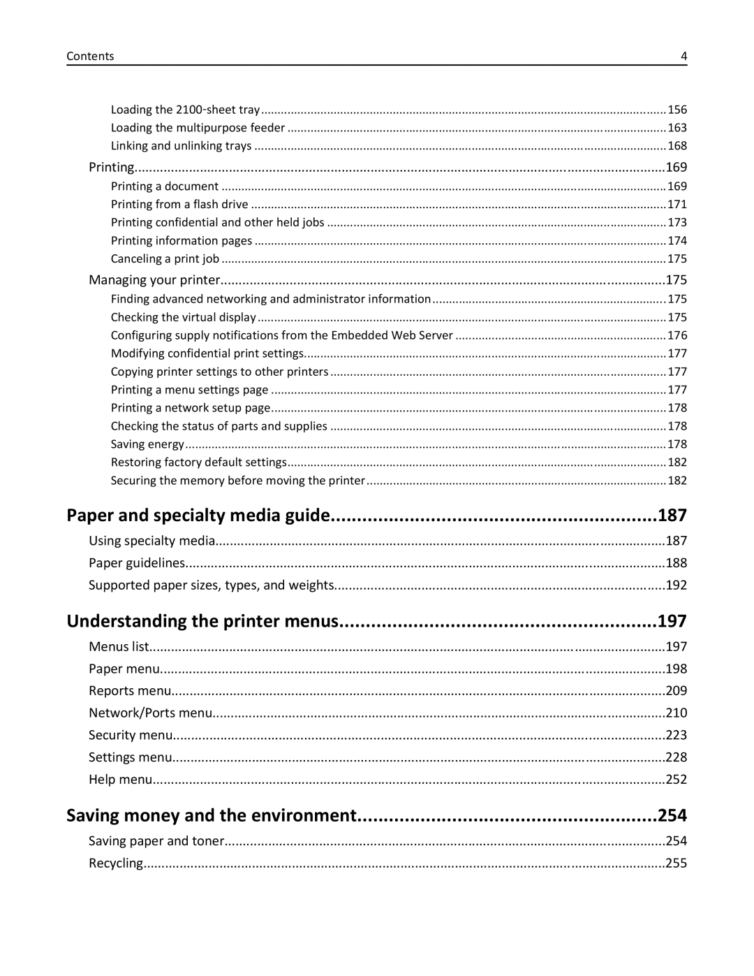 Lexmark 40G0410, 40G0350, 40G0110, 40G0150, 40G0440 Paper and specialty media guide 187, Understanding the printer menus 197 