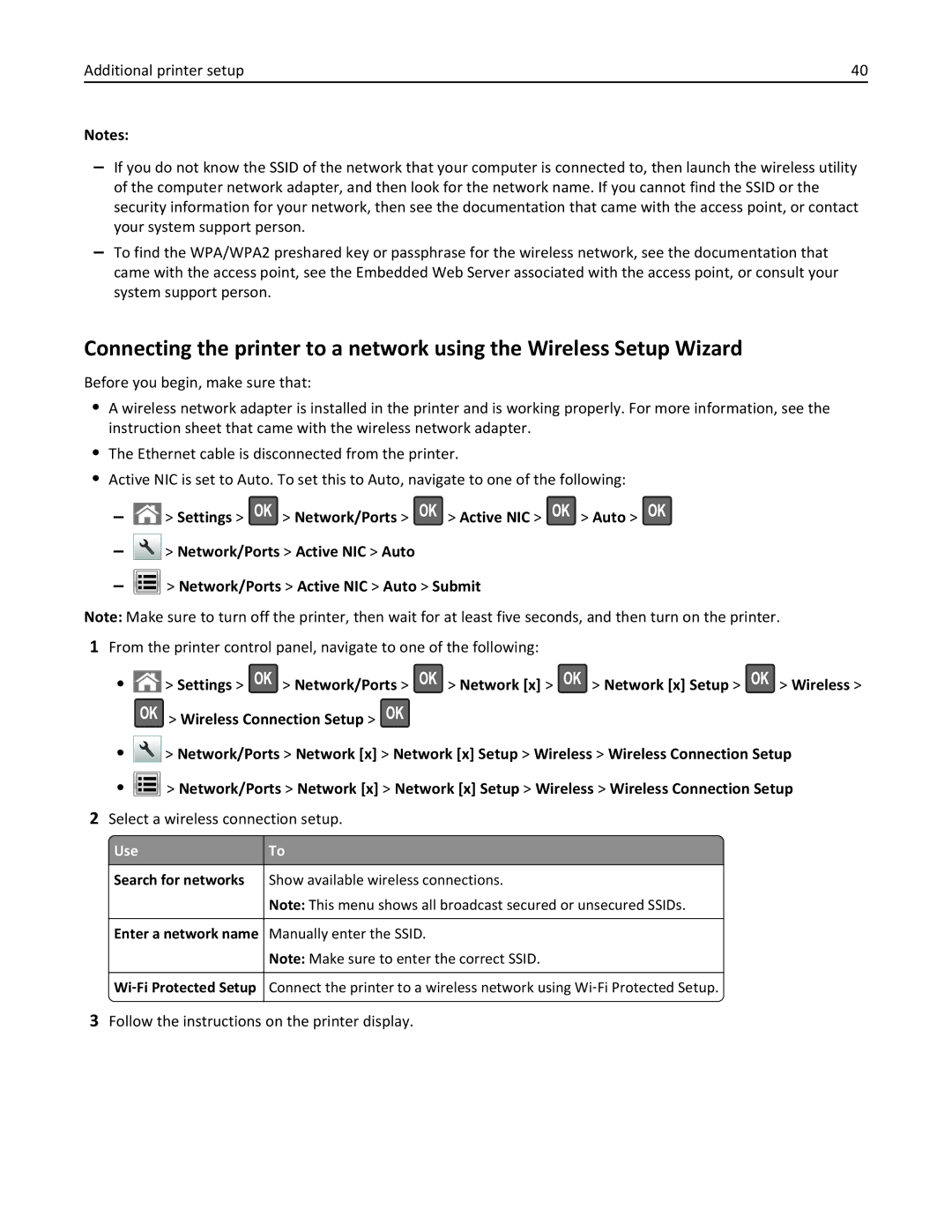 Lexmark 40G0110, 40G0350, 40G0150, MS810 Select a wireless connection setup, Follow the instructions on the printer display 