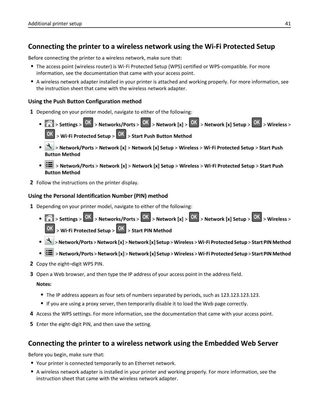 Lexmark 40G0150, 40G0350, 40G0110, 40G0440, 40G0410, 40G0210, MS810DE, MS811DTN manual Using the Push Button Configuration method 