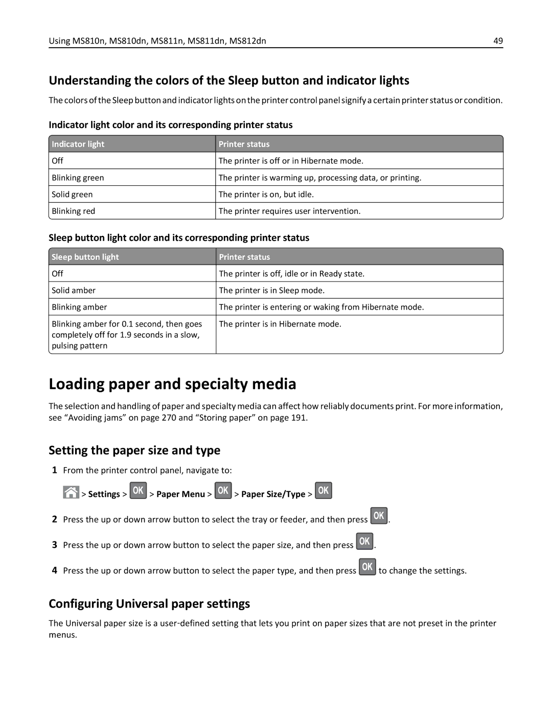 Lexmark MS810 Loading paper and specialty media, Setting the paper size and type, Configuring Universal paper settings 