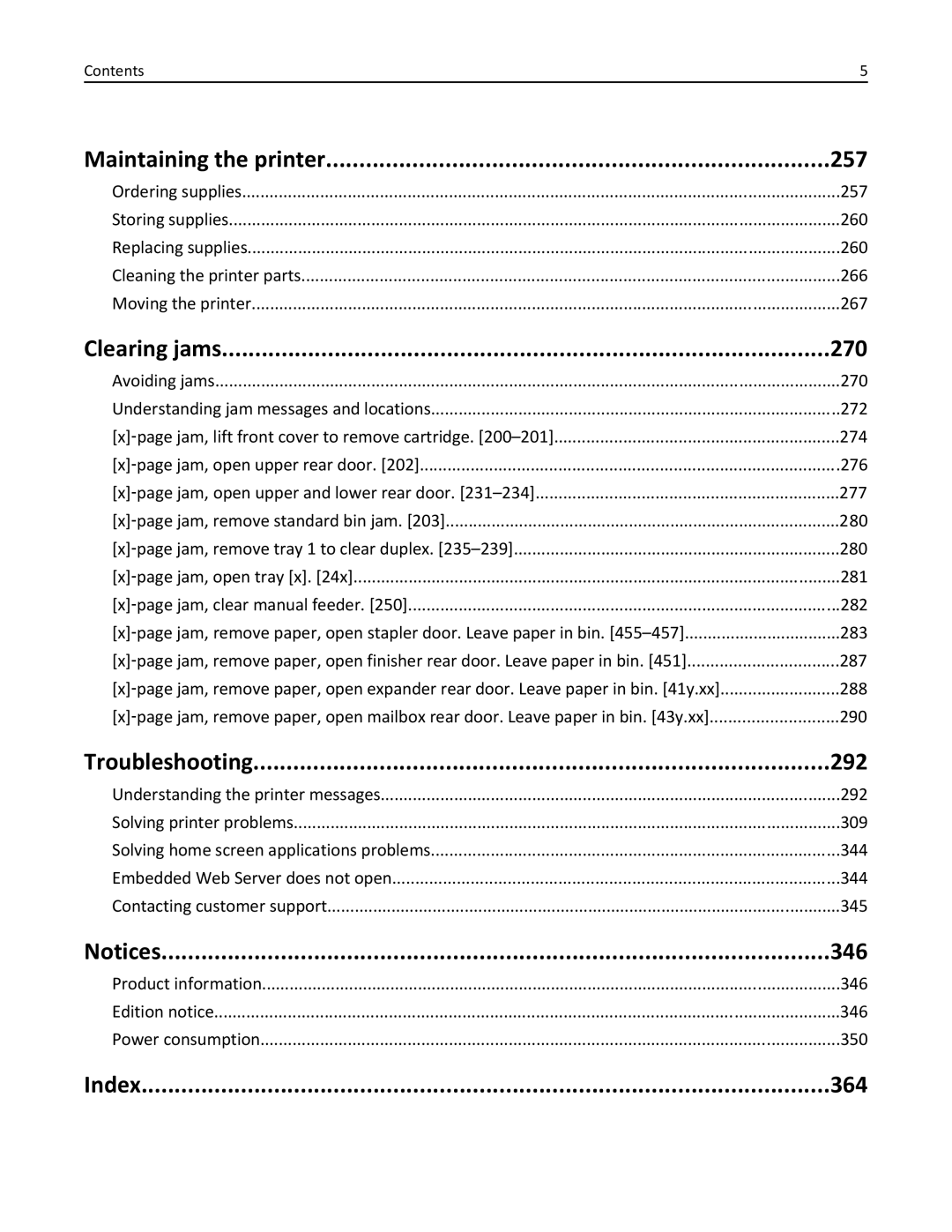 Lexmark 40G0210, 40G0350, 40G0110, MS810 Maintaining the printer 257, Clearing jams 270, Troubleshooting 292, 346, Index 364 