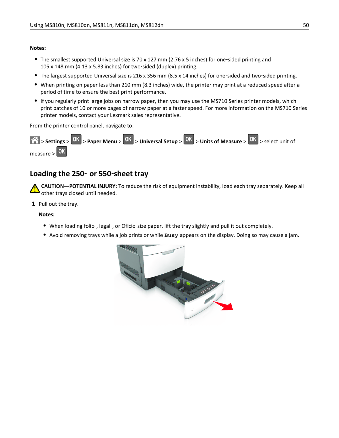 Lexmark MS812DE, 40G0350, 40G0110, 40G0150, 40G0440, 40G0410, 40G0210, MS810DE manual Loading the 250‑ or 550‑sheet tray, Measure 