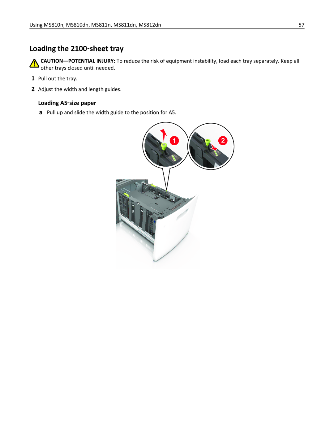 Lexmark 40G0210, 40G0350, 40G0110, 40G0150 Loading the 2100‑sheet tray, Pull out the tray Adjust the width and length guides 