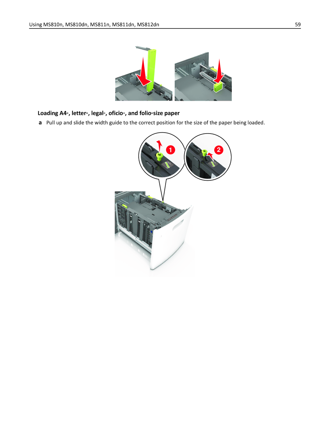 Lexmark MS811DTN, 40G0350, 40G0110, 40G0150, 40G0440, 40G0410 manual Loading A4‑, letter‑, legal‑, oficio‑, and folio‑size paper 