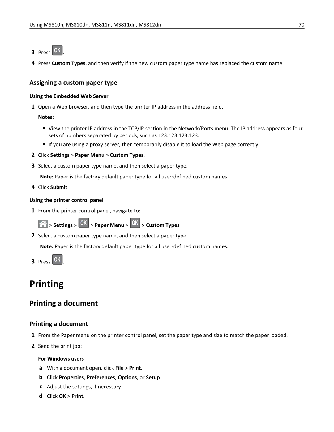 Lexmark 40G0210, 40G0350, 40G0110, 40G0150, 40G0440, 40G0410, MS810DE Printing a document, Assigning a custom paper type 