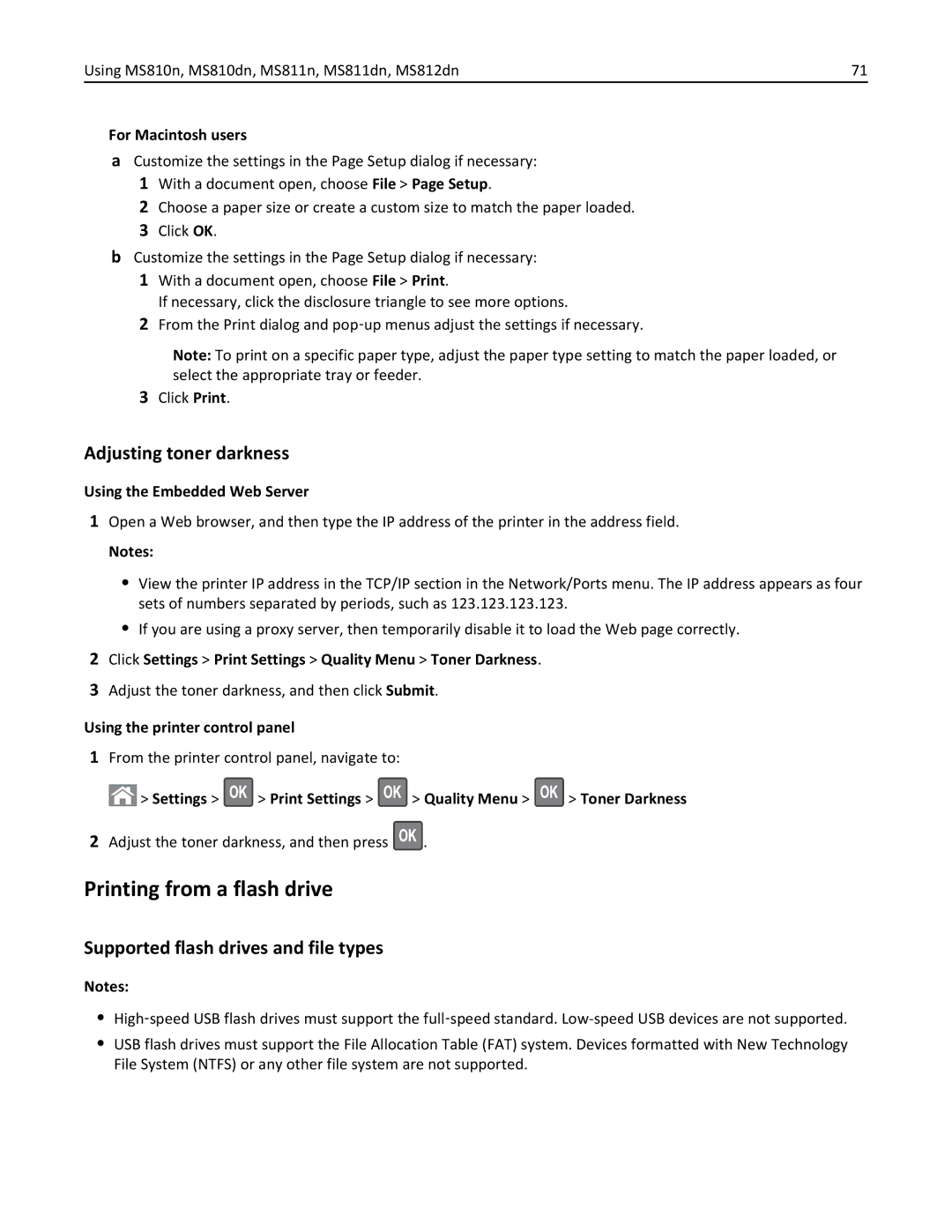 Lexmark MS810DE, 40G0350 manual Printing from a flash drive, Adjusting toner darkness, Supported flash drives and file types 