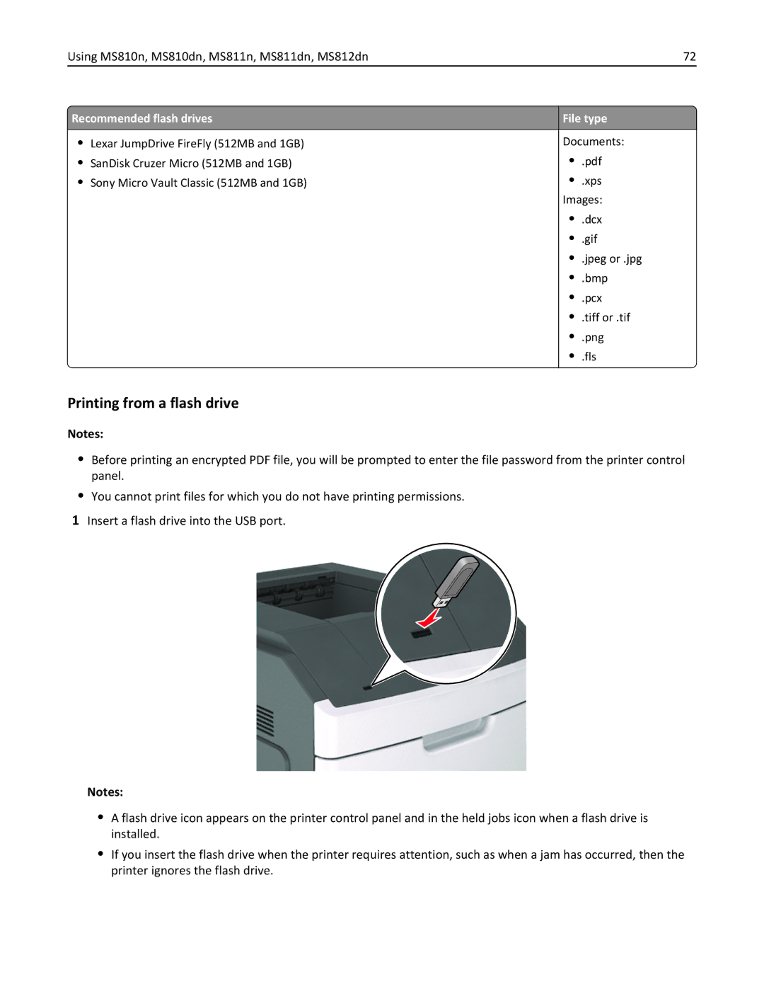 Lexmark MS811DTN, 40G0350, 40G0110, 40G0150, 40G0440, 40G0410 Printing from a flash drive, Recommended flash drives File type 