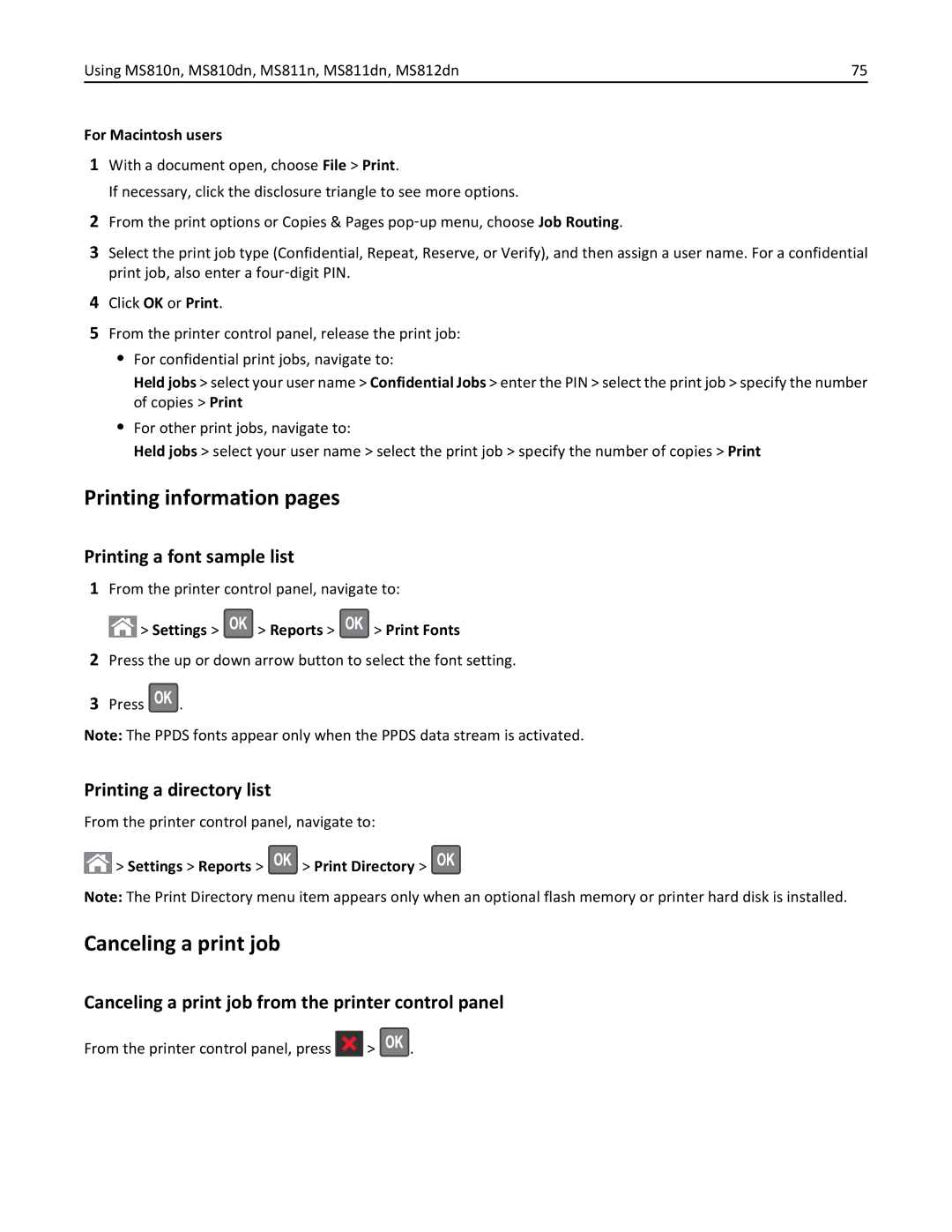 Lexmark MS810 Printing information pages, Canceling a print job, Printing a font sample list, Printing a directory list 