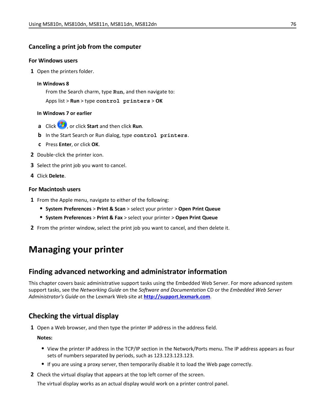 Lexmark MS812DE, 40G0350, 40G0110, 40G0150 Managing your printer, Finding advanced networking and administrator information 