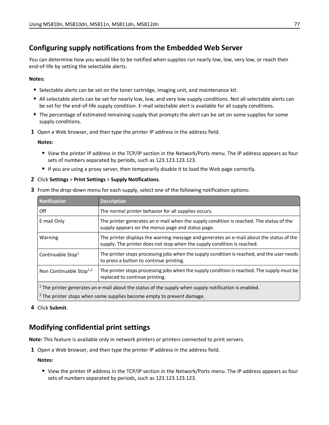 Lexmark MS810DTN, 40G0350 manual Modifying confidential print settings, Click Settings Print Settings Supply Notifications 