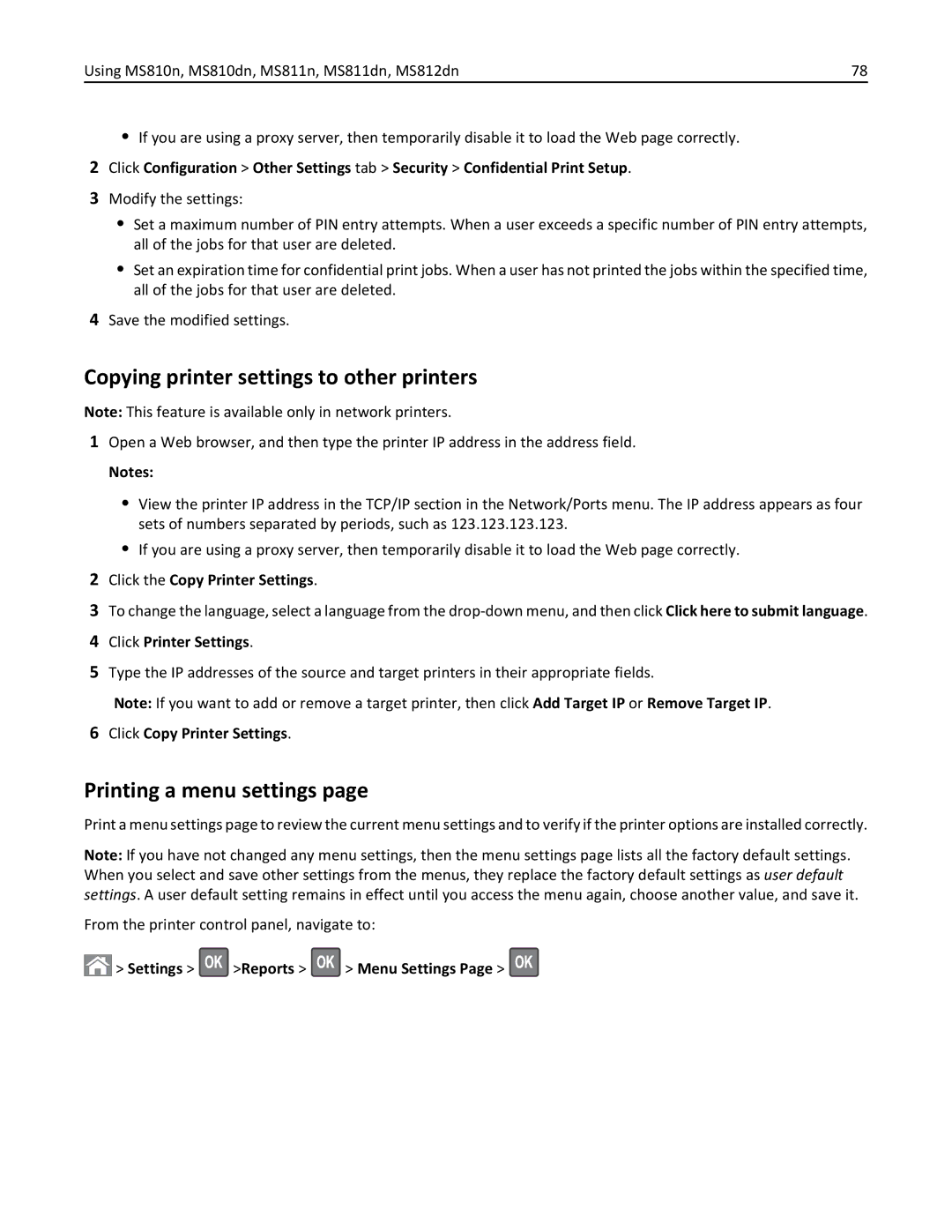 Lexmark 40G0350, 40G0110, 40G0150, 40G0440, 40G0410 manual Copying printer settings to other printers, Printing a menu settings 