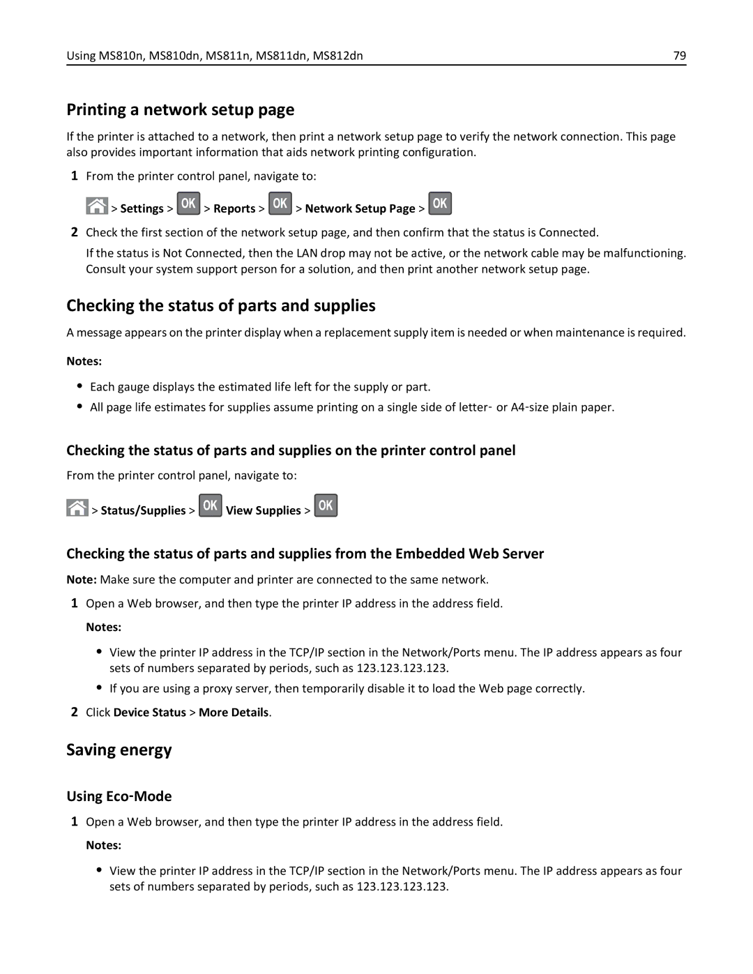 Lexmark 40G0110, MS810 Printing a network setup, Checking the status of parts and supplies, Saving energy, Using Eco‑Mode 