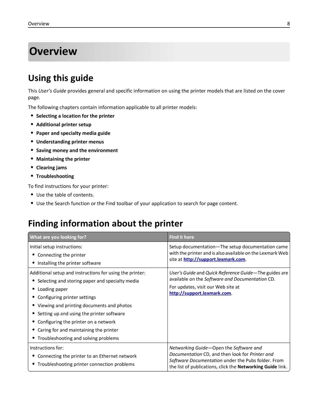 Lexmark MS811DN Using this guide, Finding information about the printer, Overview, What are you looking for? Find it here 