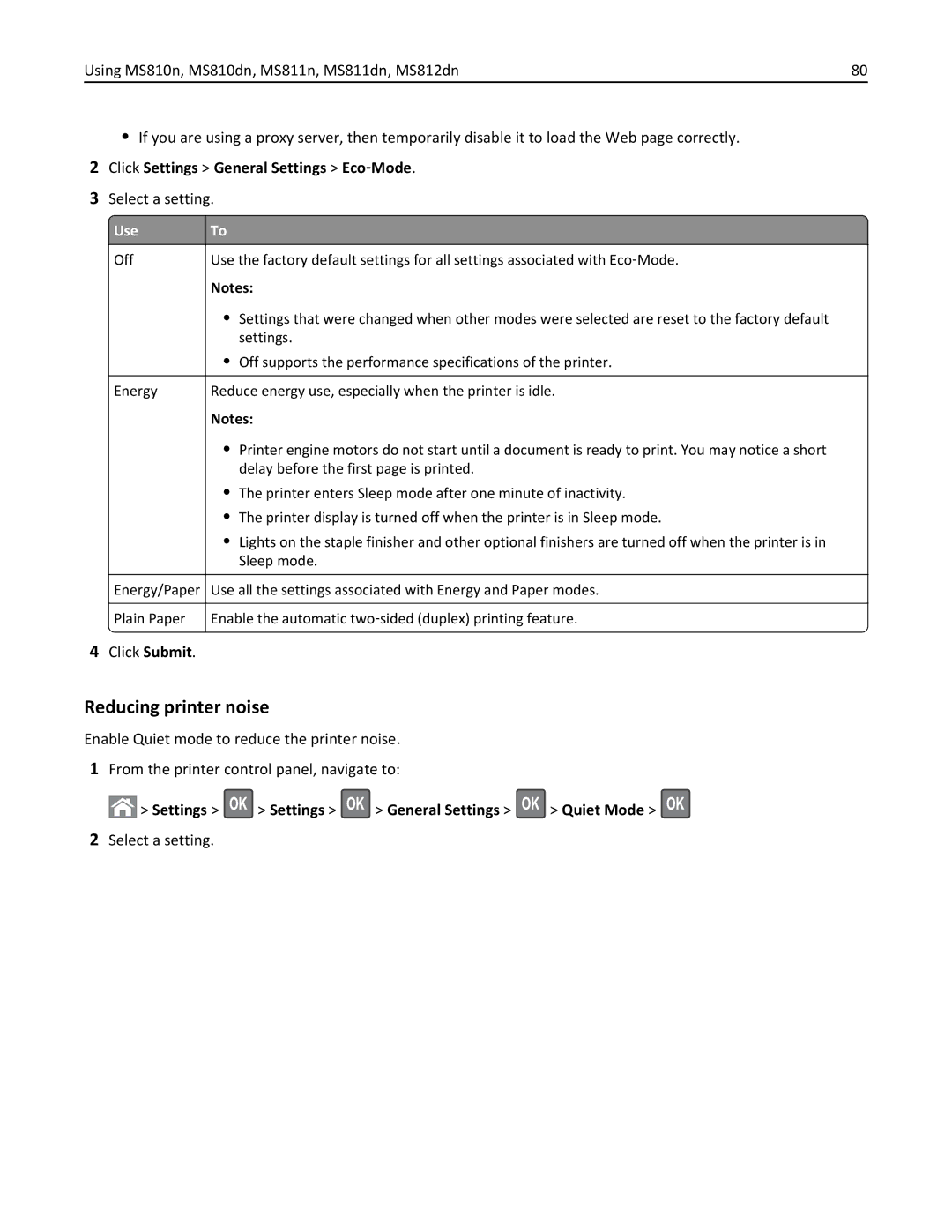 Lexmark 40G0150, 40G0350, 40G0110, MS810 Reducing printer noise, Click Settings General Settings Eco‑Mode, Select a setting 