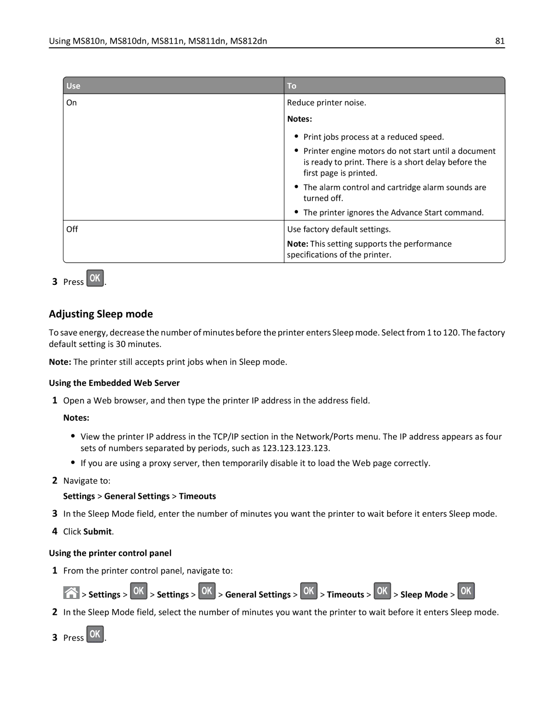 Lexmark 40G0440, 40G0350, 40G0110, 40G0150, 40G0410, 40G0210, MS810DE Adjusting Sleep mode, Settings General Settings Timeouts 