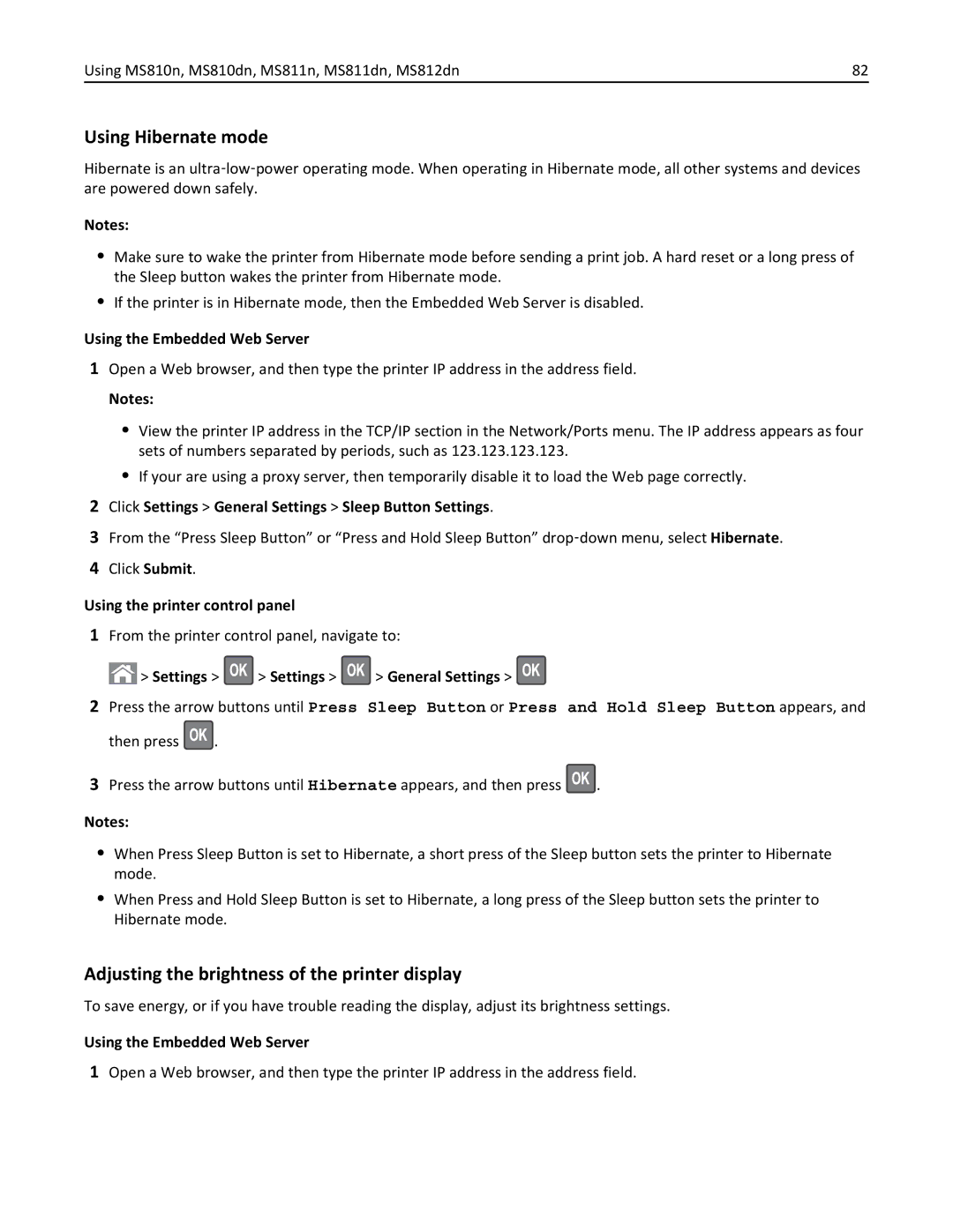 Lexmark 40G0410 Using Hibernate mode, Adjusting the brightness of the printer display, Settings Settings General Settings 