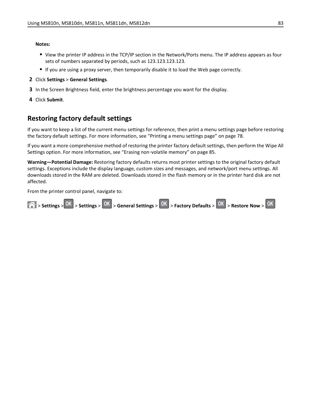 Lexmark 40G0210, 40G0350, 40G0110, 40G0150, 40G0440, MS810 Restoring factory default settings, Click Settings General Settings 