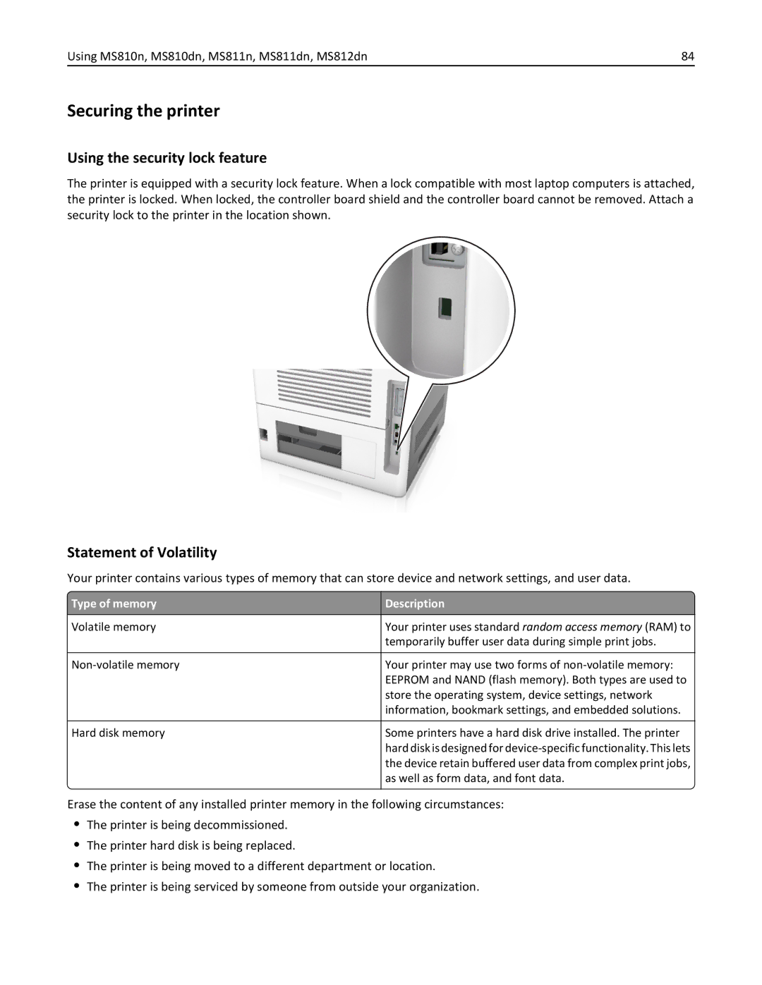 Lexmark MS810DE Securing the printer, Using the security lock feature, Statement of Volatility, Type of memory Description 