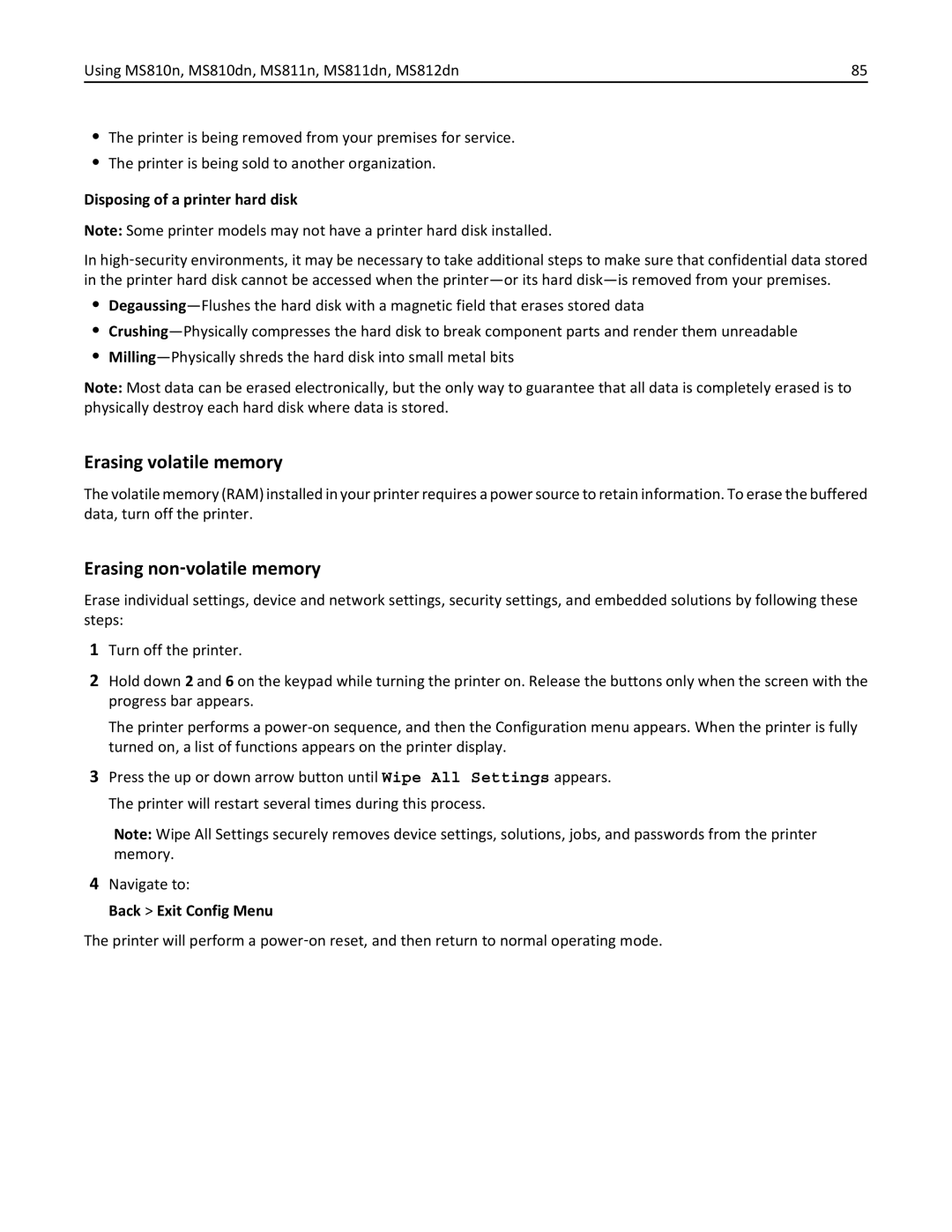 Lexmark MS811DTN, 40G0350, 40G0110 Erasing volatile memory, Erasing non‑volatile memory, Disposing of a printer hard disk 